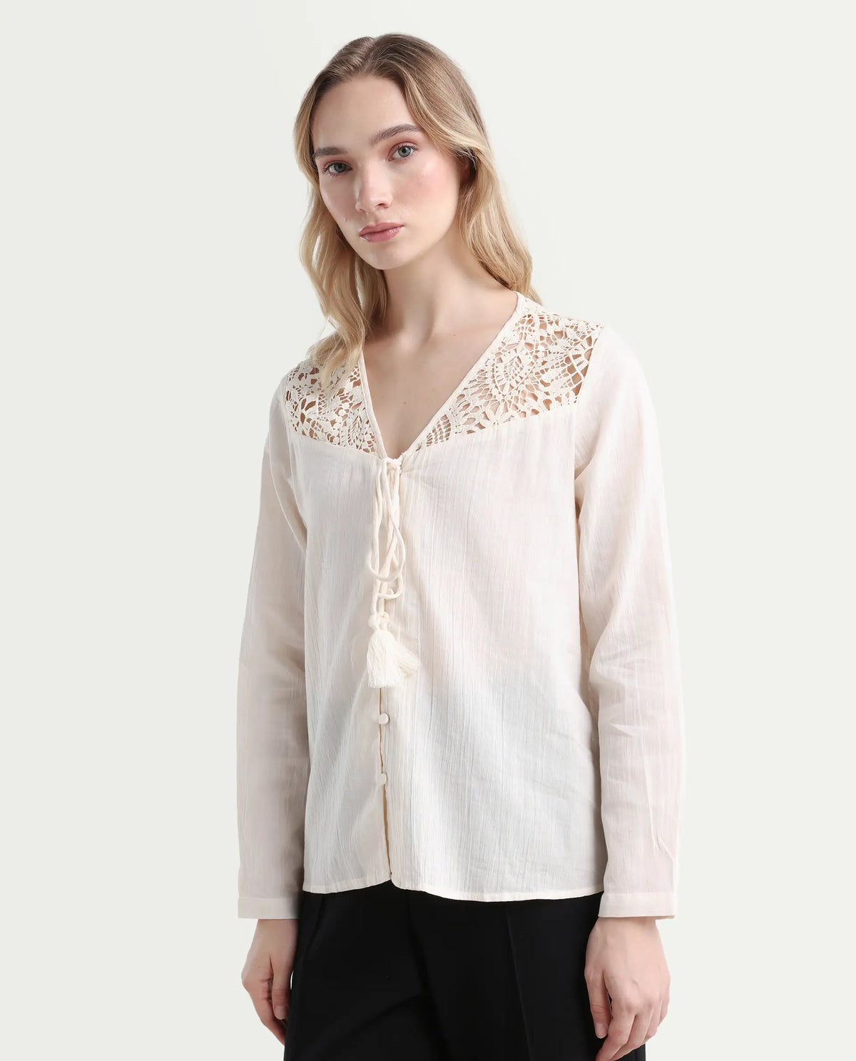 Rareism Women's Klaya Beige Cotton V-Neck Plain Relaxed Fit Top