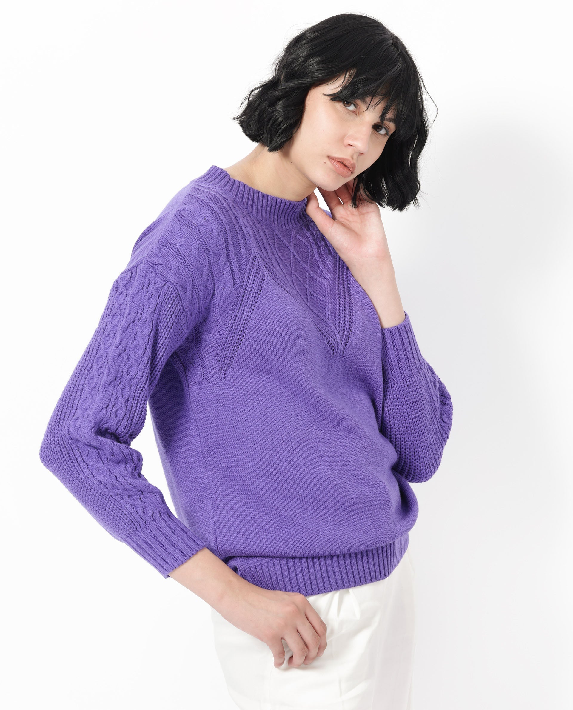Rareism Women's Klein Purple Acrylic Crew Neck Plain Regular Fit Sweater