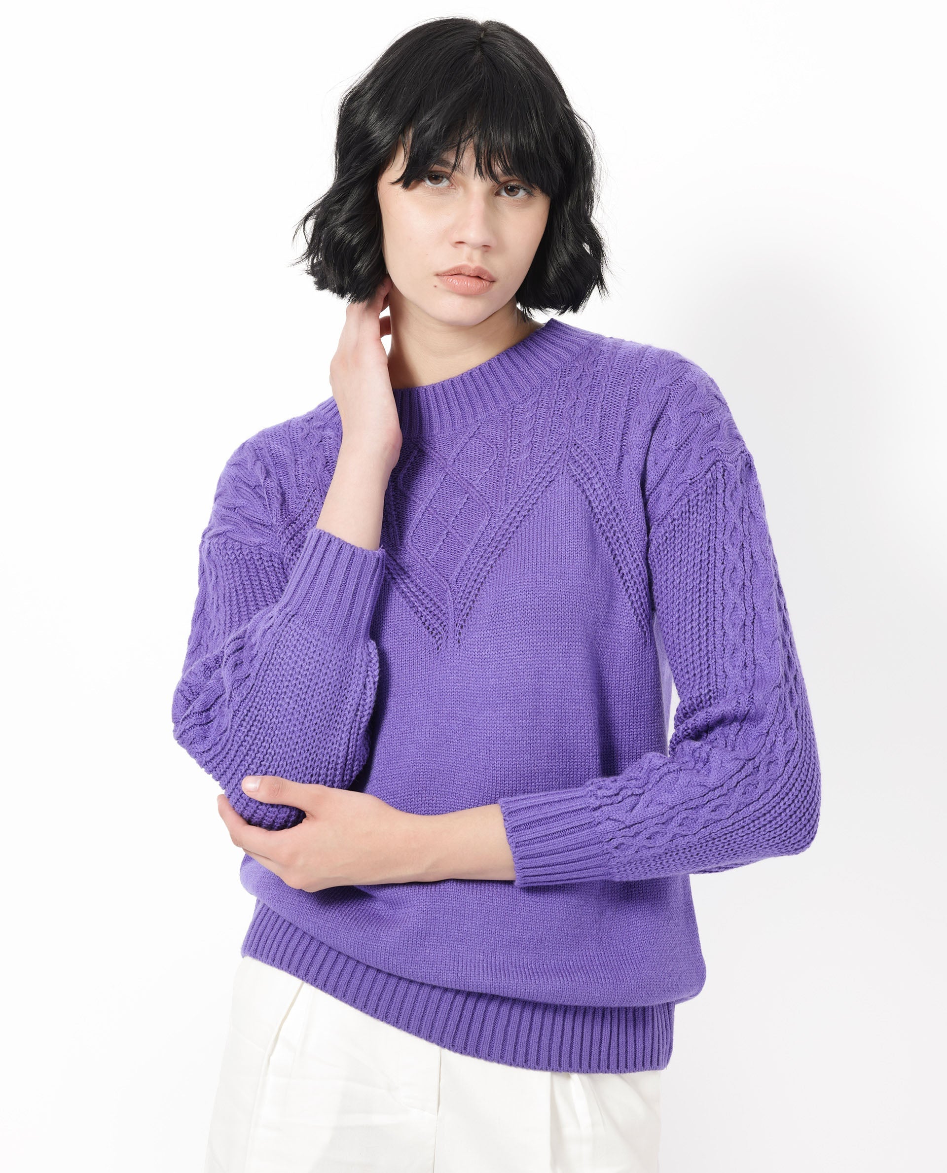 Rareism Women's Klein Purple Acrylic Crew Neck Plain Regular Fit Sweater