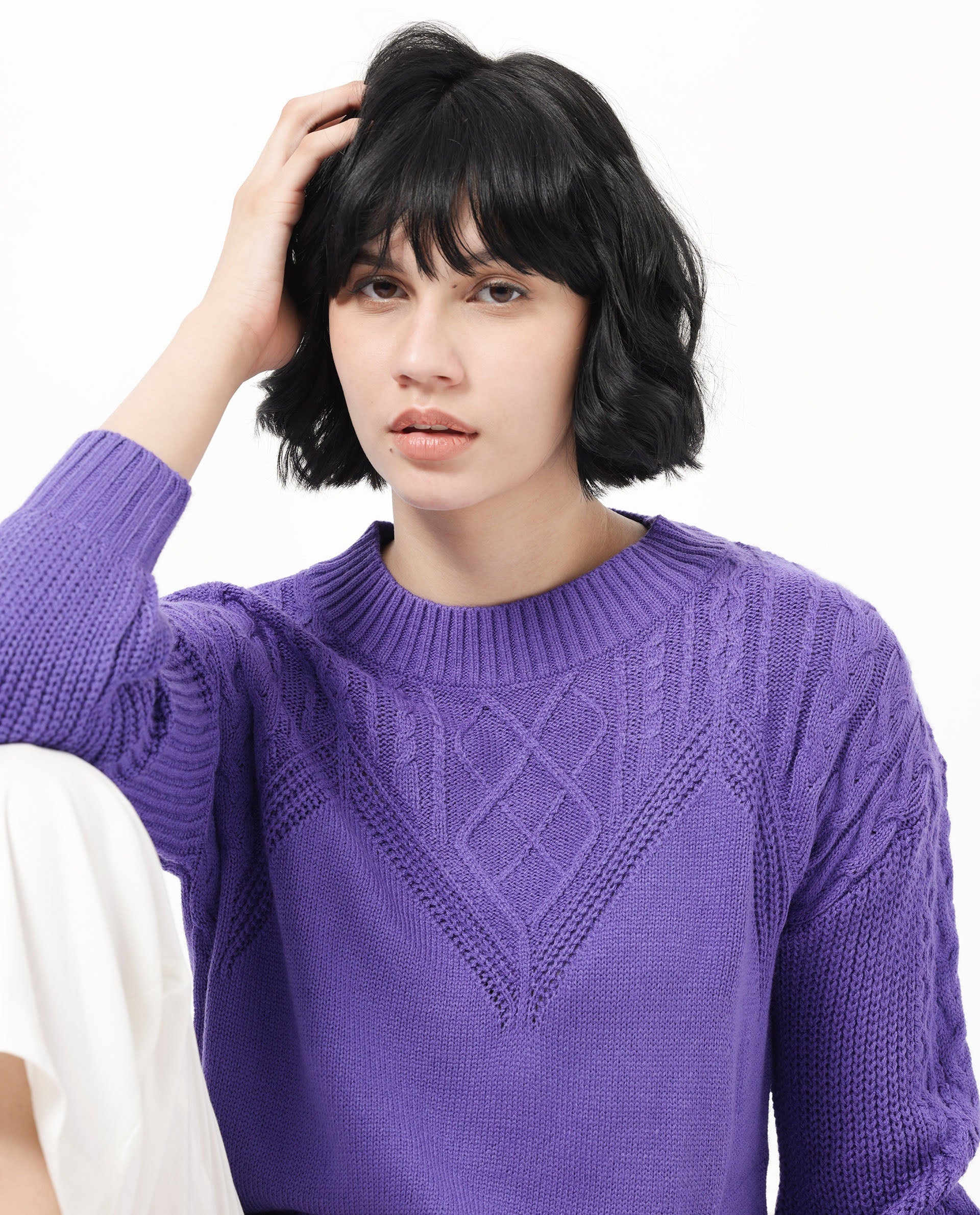 Rareism Women's Klein Purple Acrylic Crew Neck Plain Regular Fit Sweater