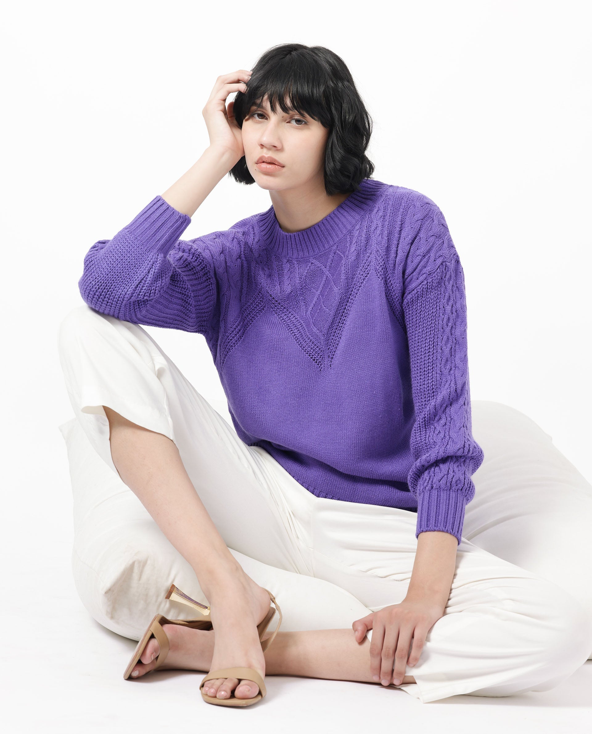Rareism Women's Klein Purple Acrylic Crew Neck Plain Regular Fit Sweater