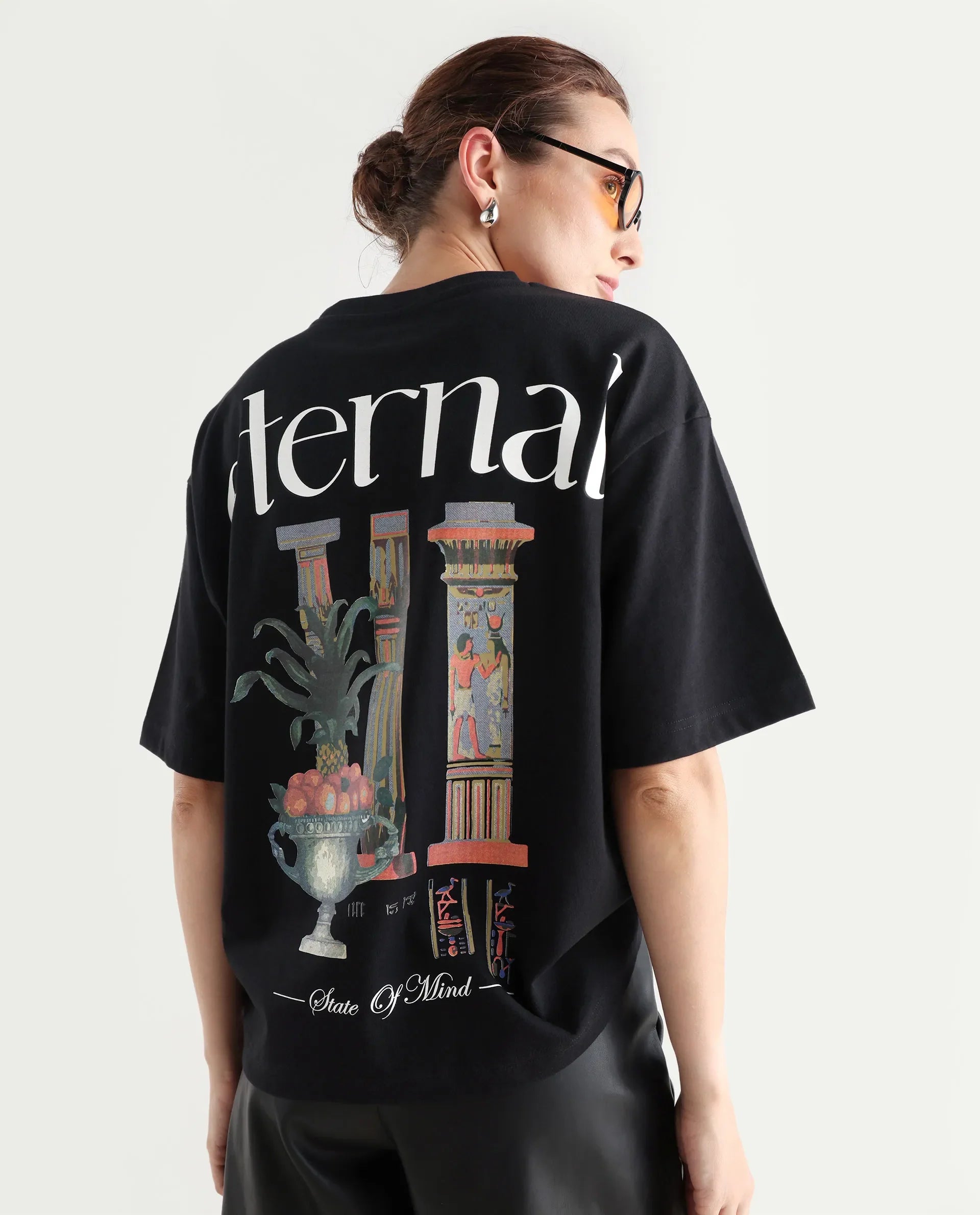 Rareism Women's Klend Black Cotton Graphic Print Oversized T-Shirt