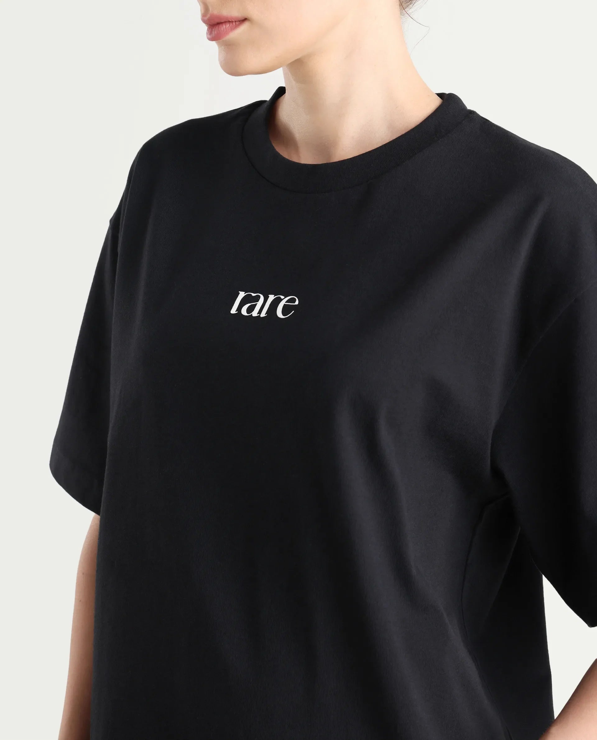 Rareism Women's Klend Black Cotton Graphic Print Oversized T-Shirt