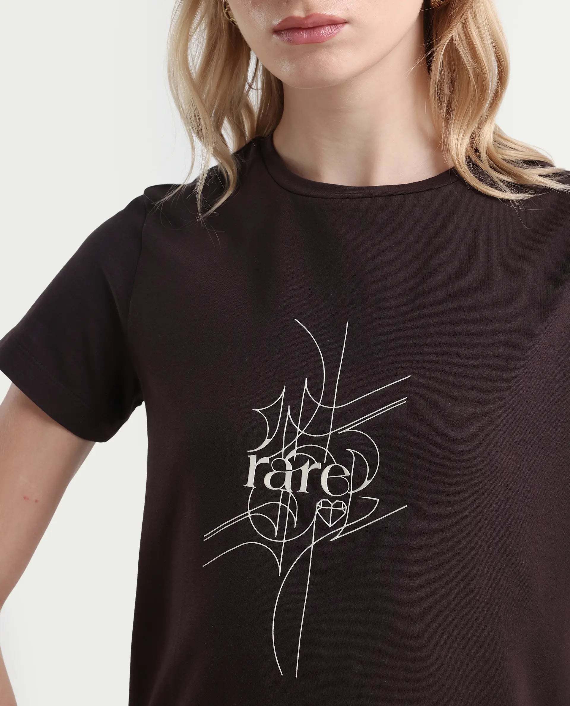 Rareism Women's Klino Dark Brown Cotton Blend Crew Neck Graphic Print Regular Fit T-Shirt