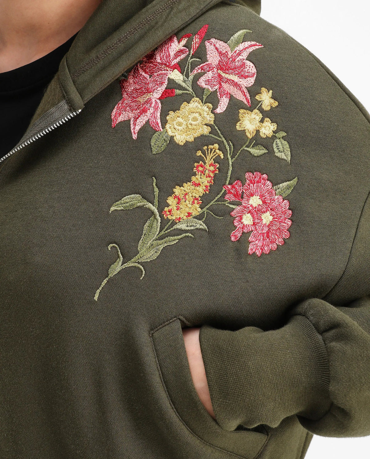 Rareism Women's Klio Dark Olive Cotton Blend Hooded Oversize Fit Printed Sweatshirt