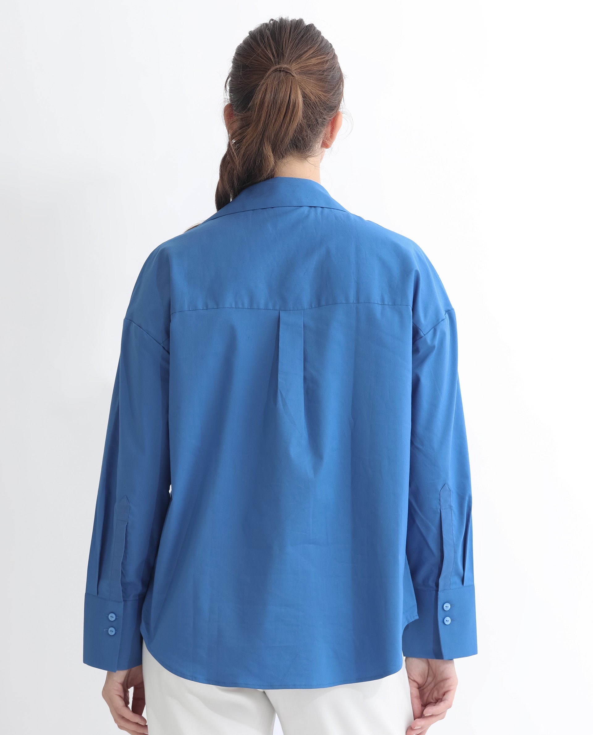 Rareism Women's Klox Dark Blue Cotton Spread Collar Plain Cuffed Sleeve Regular Fit Shirt