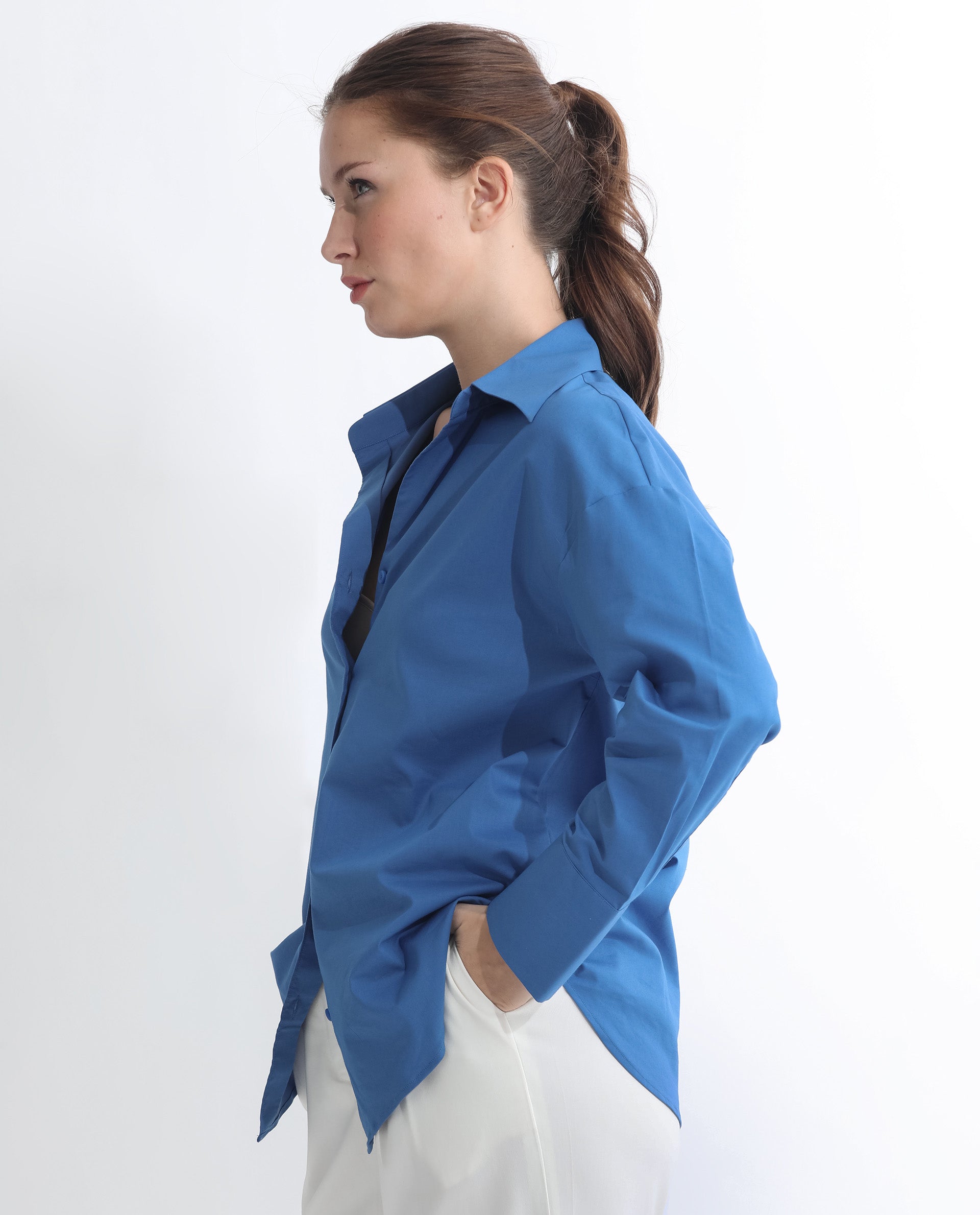 Rareism Women's Klox Dark Blue Cotton Spread Collar Plain Cuffed Sleeve Regular Fit Shirt