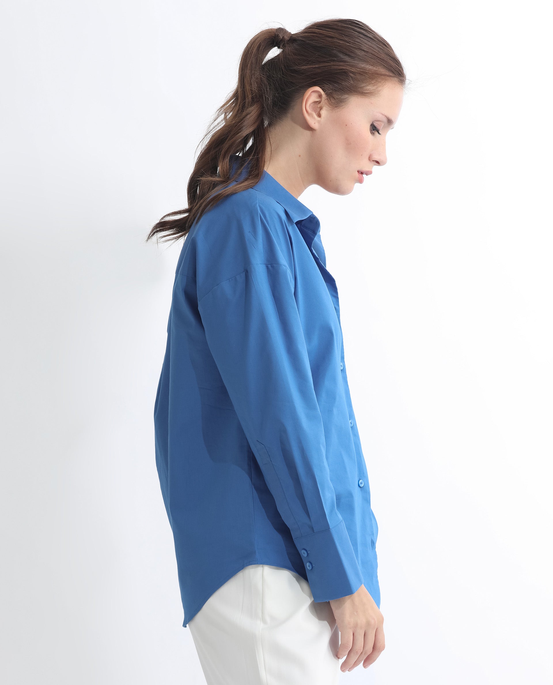 Rareism Women's Klox Dark Blue Cotton Spread Collar Plain Cuffed Sleeve Regular Fit Shirt