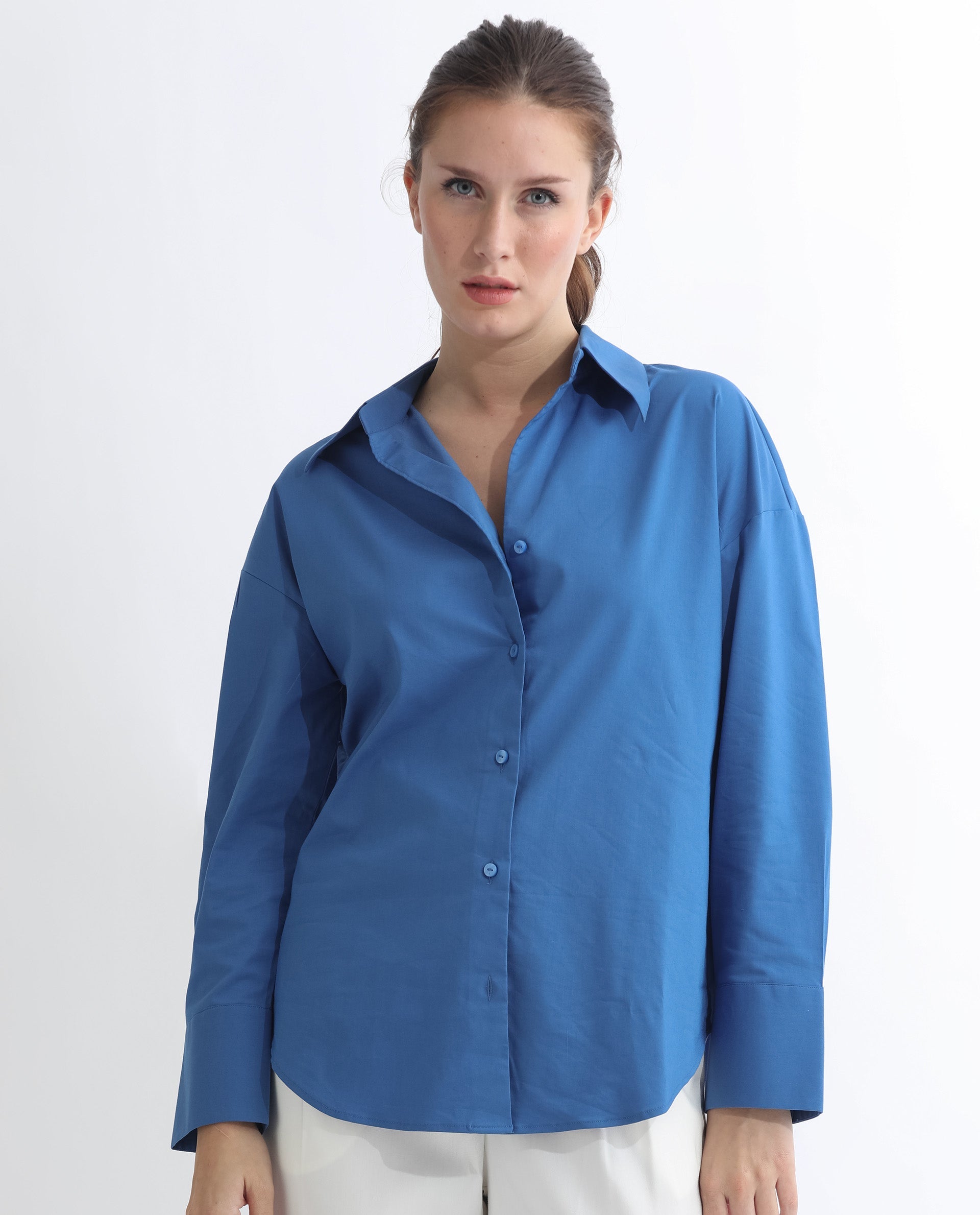 Rareism Women's Klox Dark Blue Cotton Spread Collar Plain Cuffed Sleeve Regular Fit Shirt