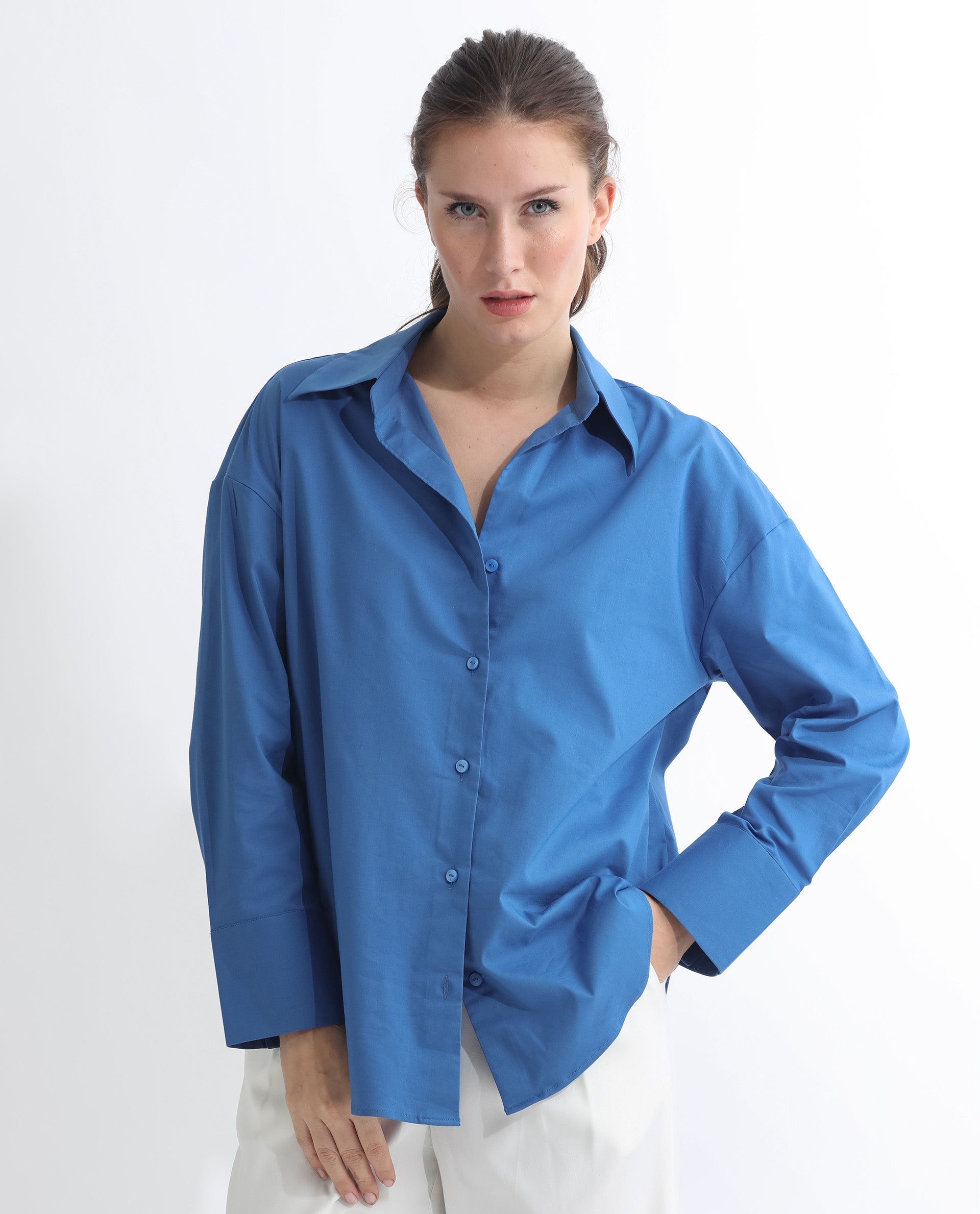 Rareism Women Klox Dark Blue Cuffed Sleeve Shirt Collar Solid Shirt