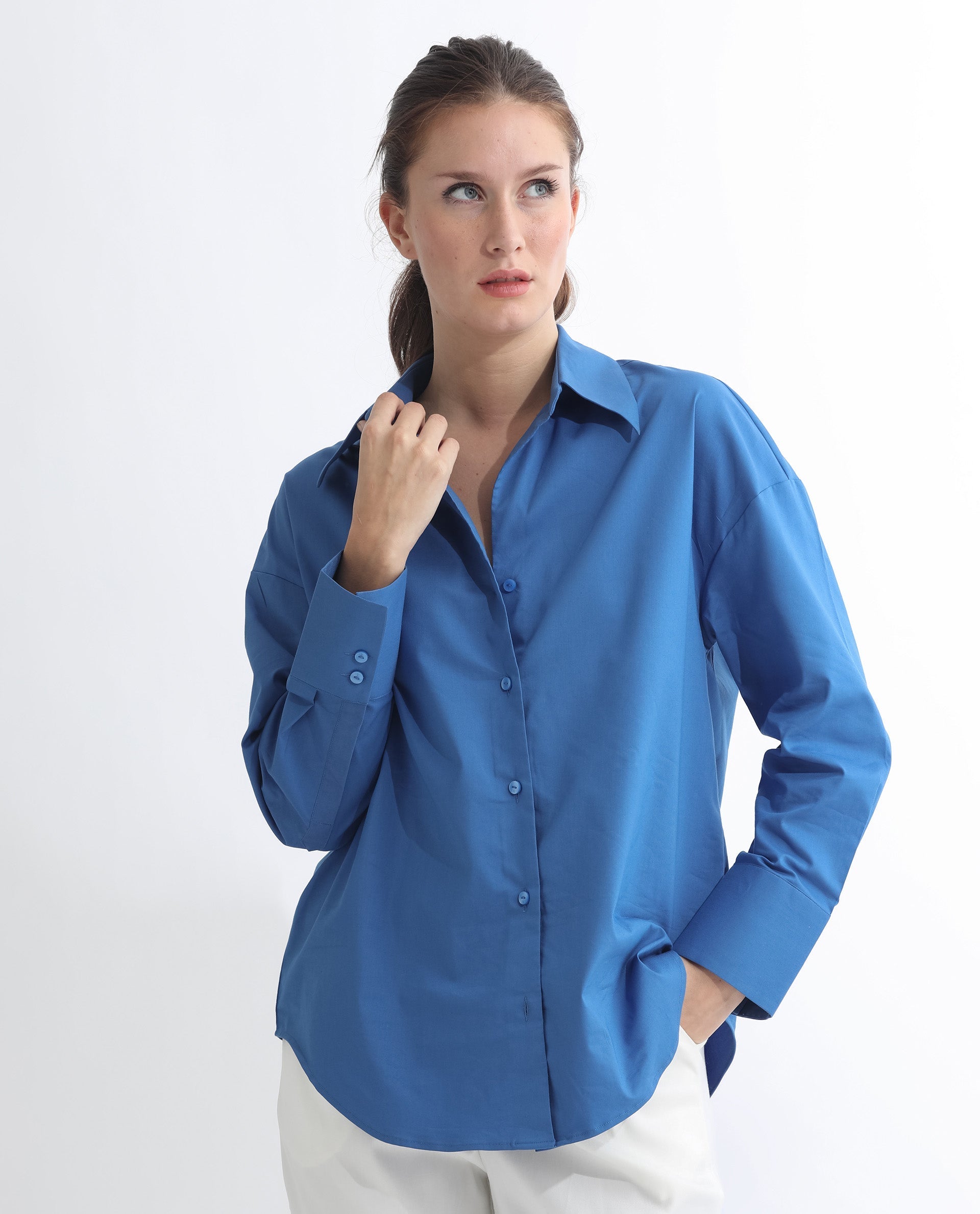 Rareism Women Klox Dark Blue Cuffed Sleeve Shirt Collar Solid Shirt