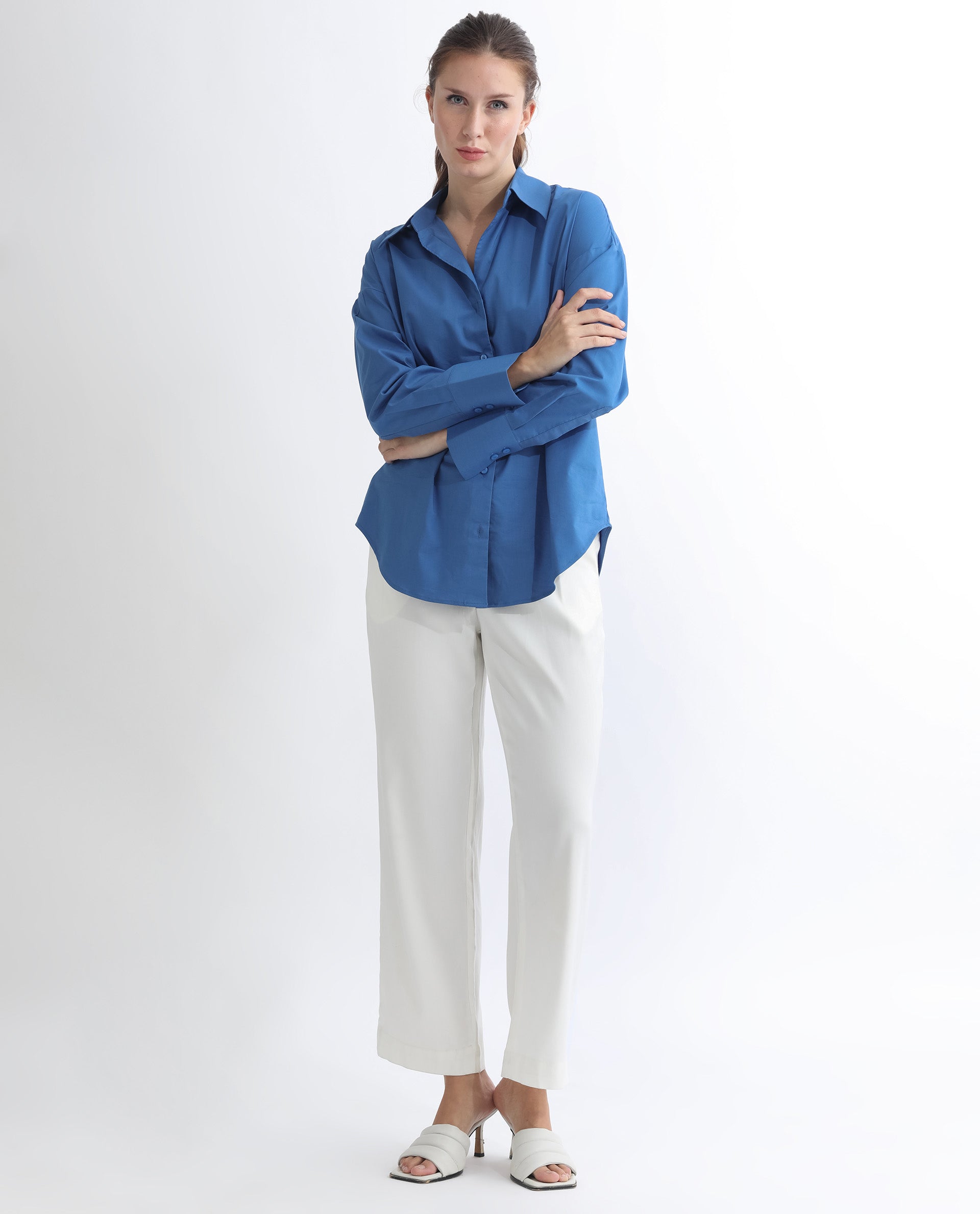 Rareism Women's Klox Dark Blue Cotton Spread Collar Plain Cuffed Sleeve Regular Fit Shirt