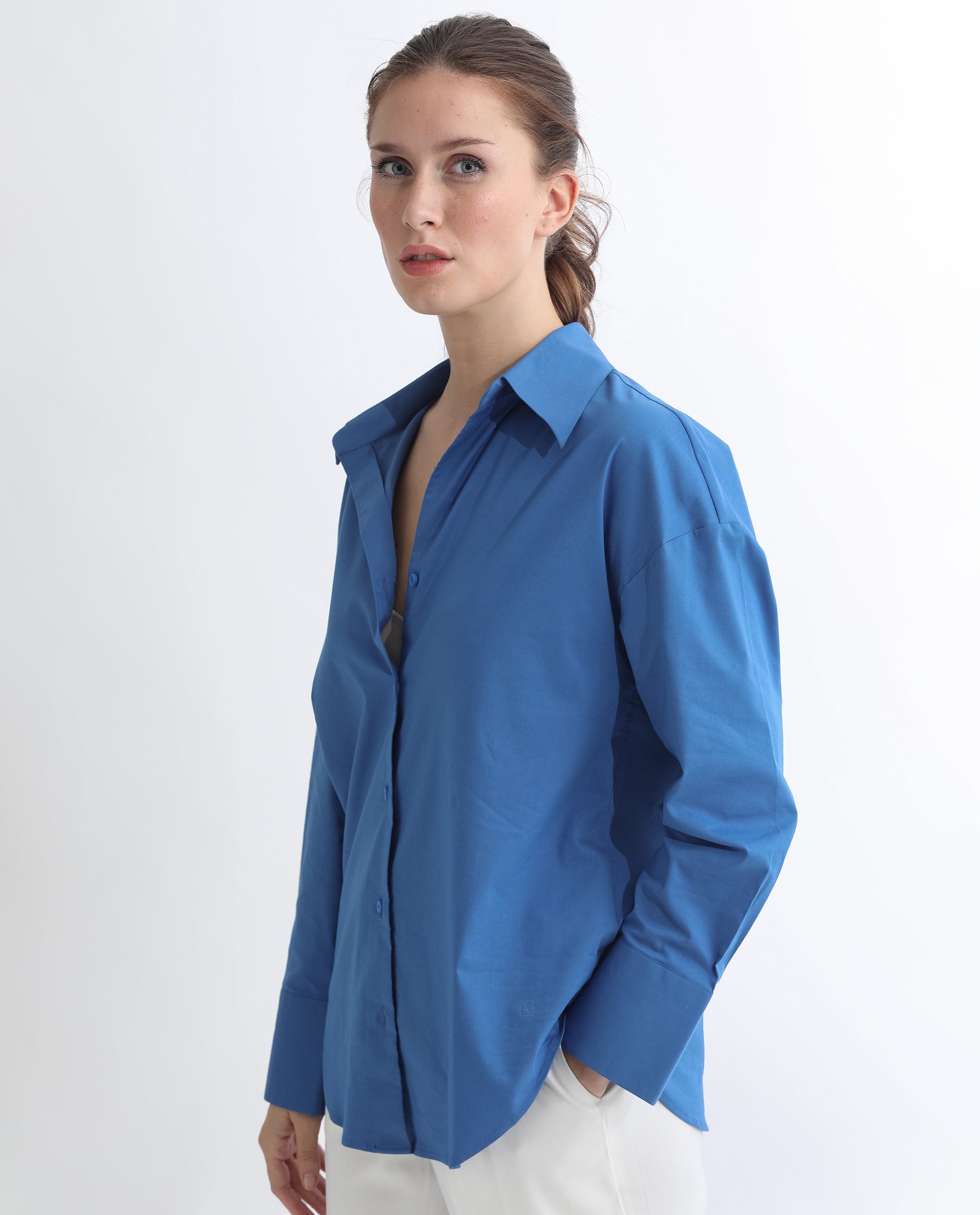 Rareism Women Klox Dark Blue Cuffed Sleeve Shirt Collar Solid Shirt