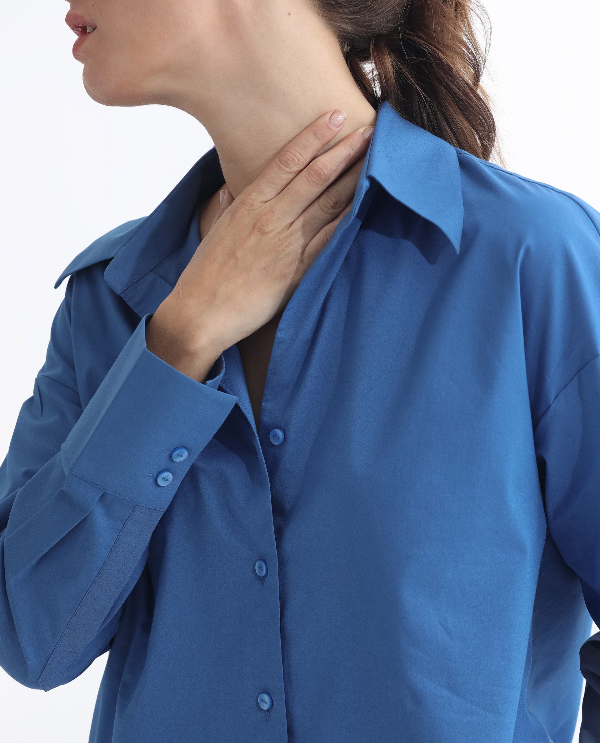 Rareism Women Klox Dark Blue Cuffed Sleeve Shirt Collar Solid Shirt