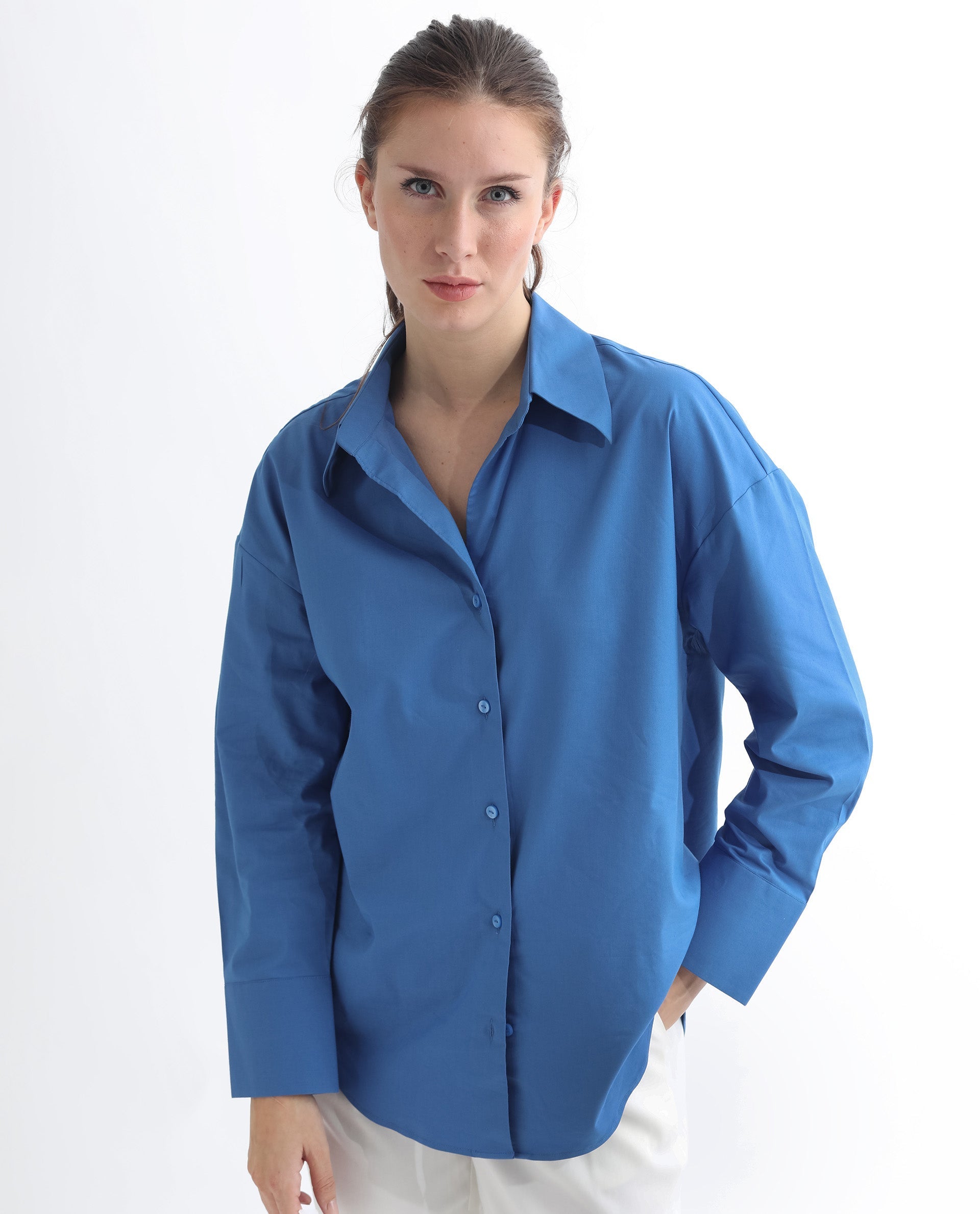 Rareism Women's Klox Dark Blue Cotton Spread Collar Plain Cuffed Sleeve Regular Fit Shirt