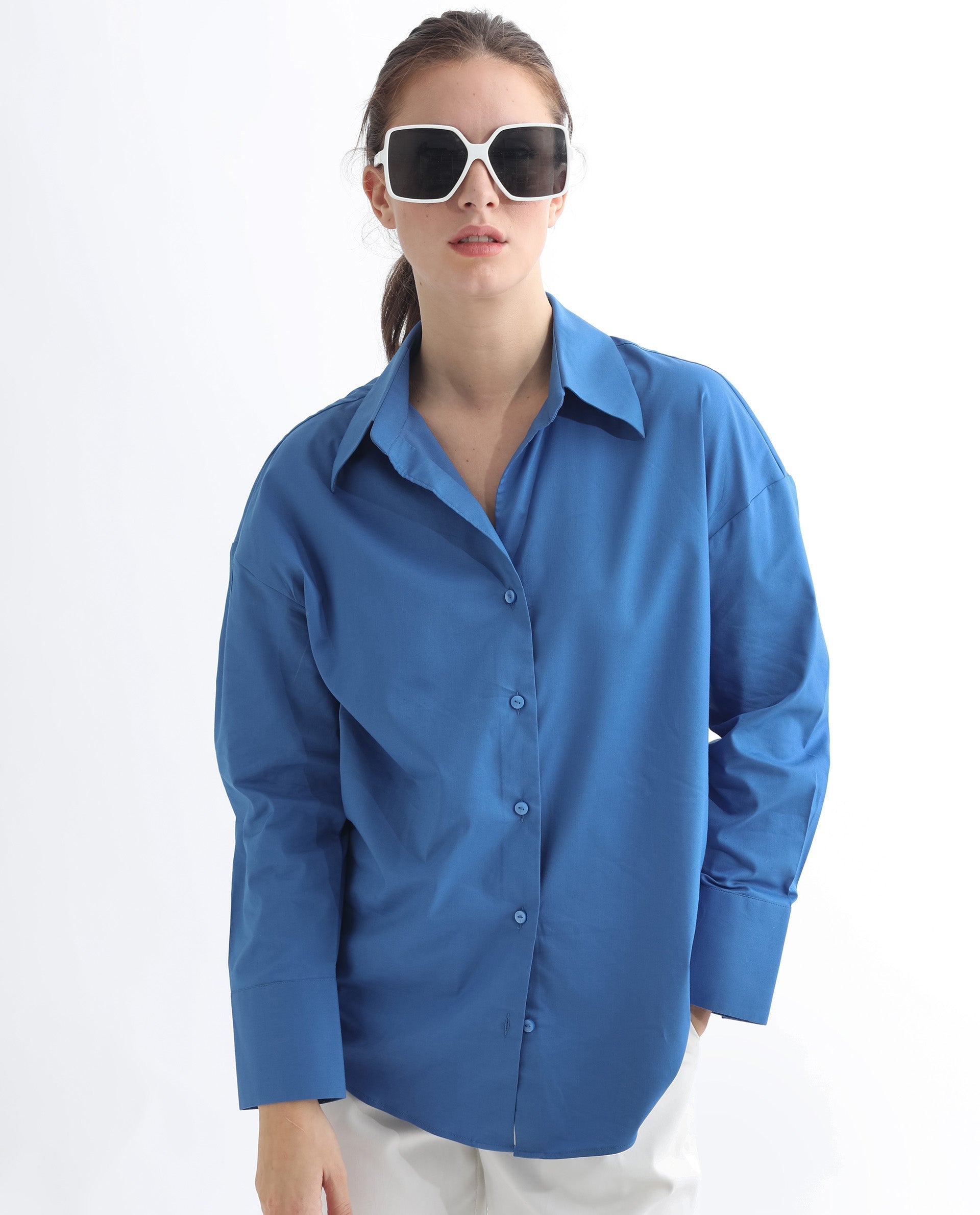 Rareism Women's Klox Dark Blue Cotton Spread Collar Plain Cuffed Sleeve Regular Fit Shirt