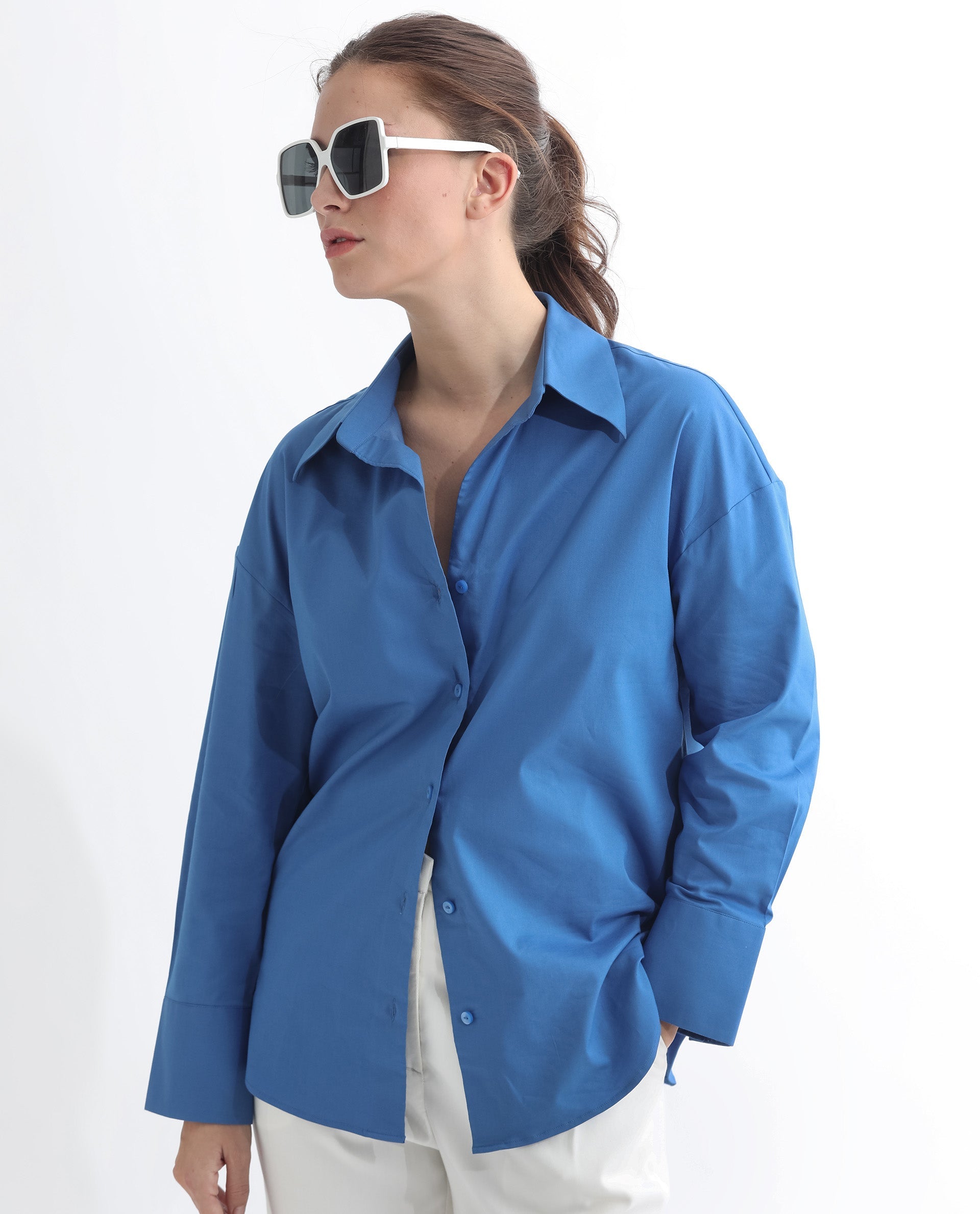 Rareism Women Klox Dark Blue Cuffed Sleeve Shirt Collar Solid Shirt