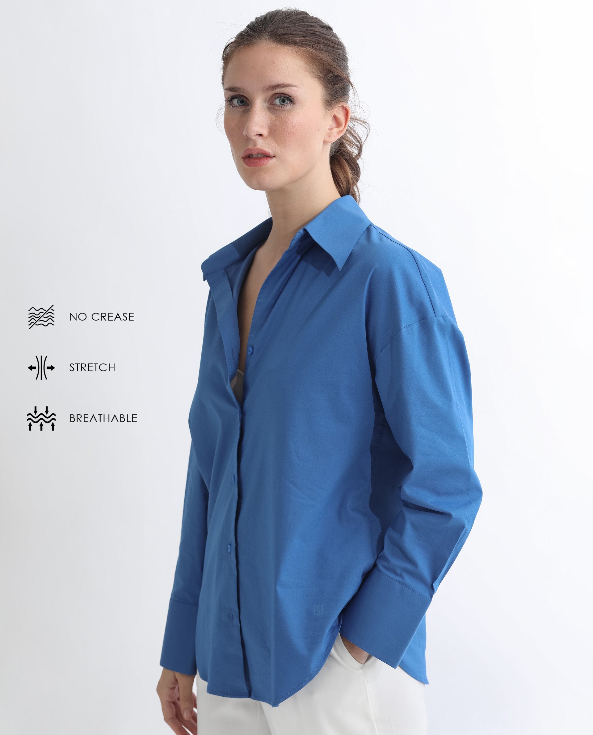 Rareism Women Klox Dark Blue Cuffed Sleeve Shirt Collar Solid Shirt