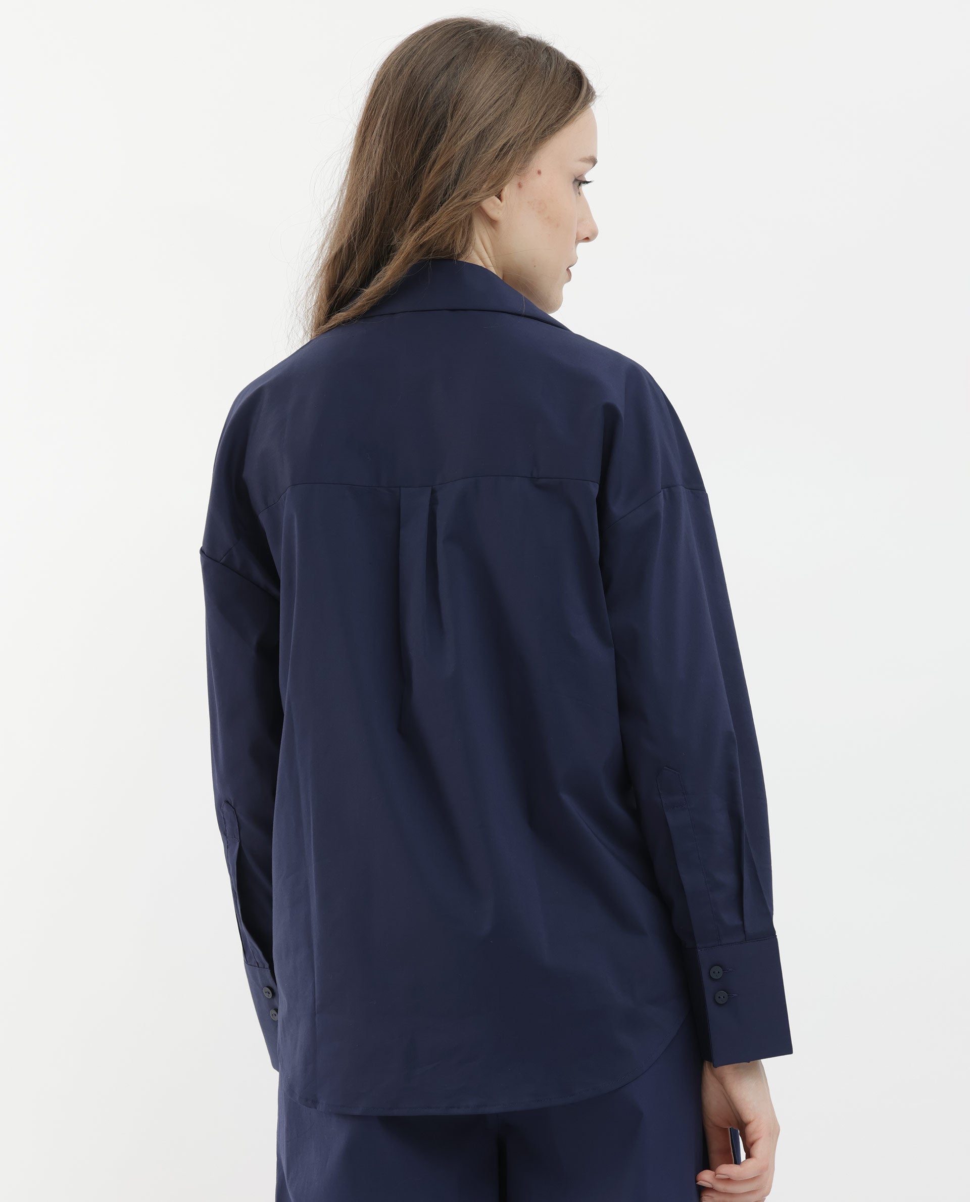 Rareism Women Klox Navy Cuffed Sleeve Shirt Collar Solid Shirt