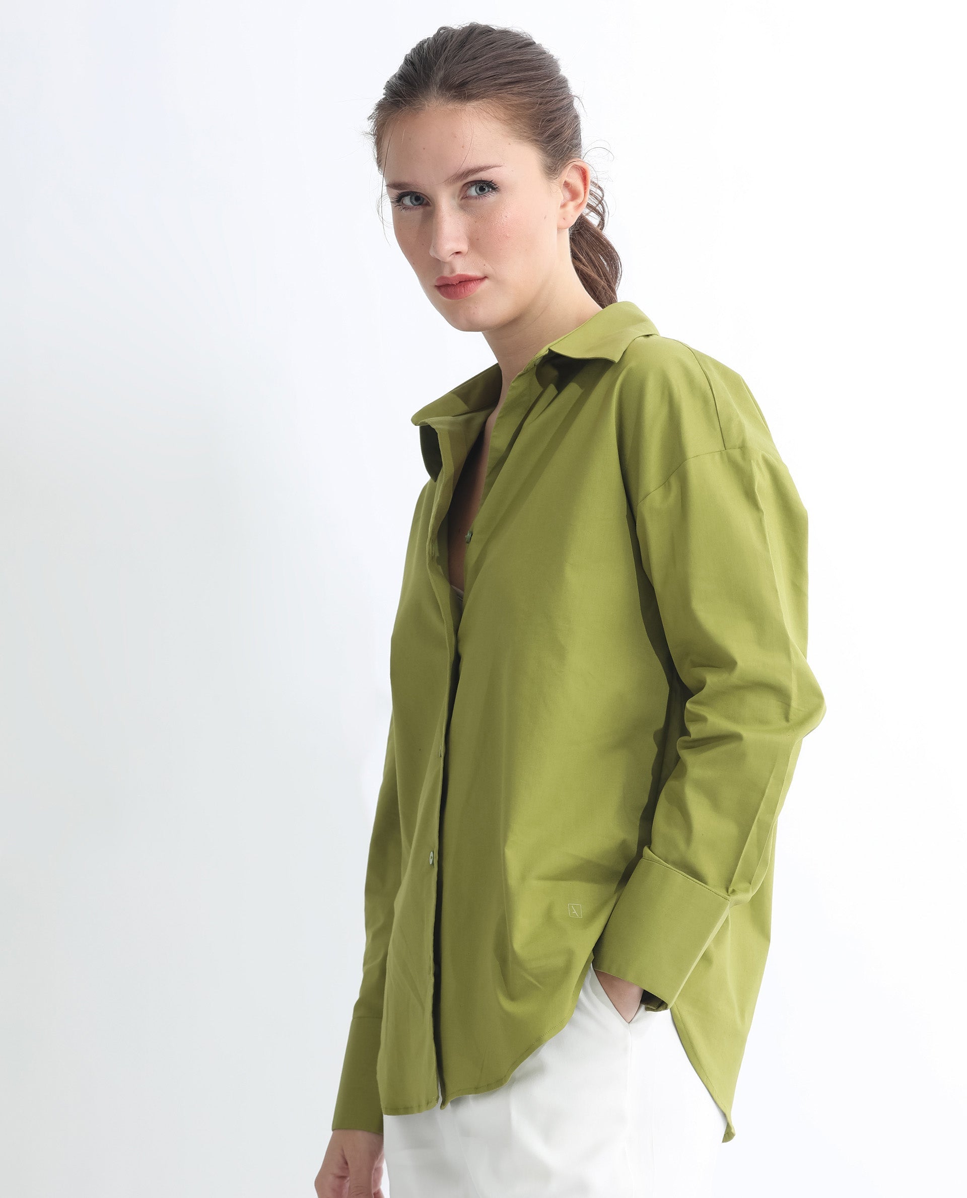 Rareism Women Klox Light Olive Cuffed Sleeve Shirt Collar Solid Shirt