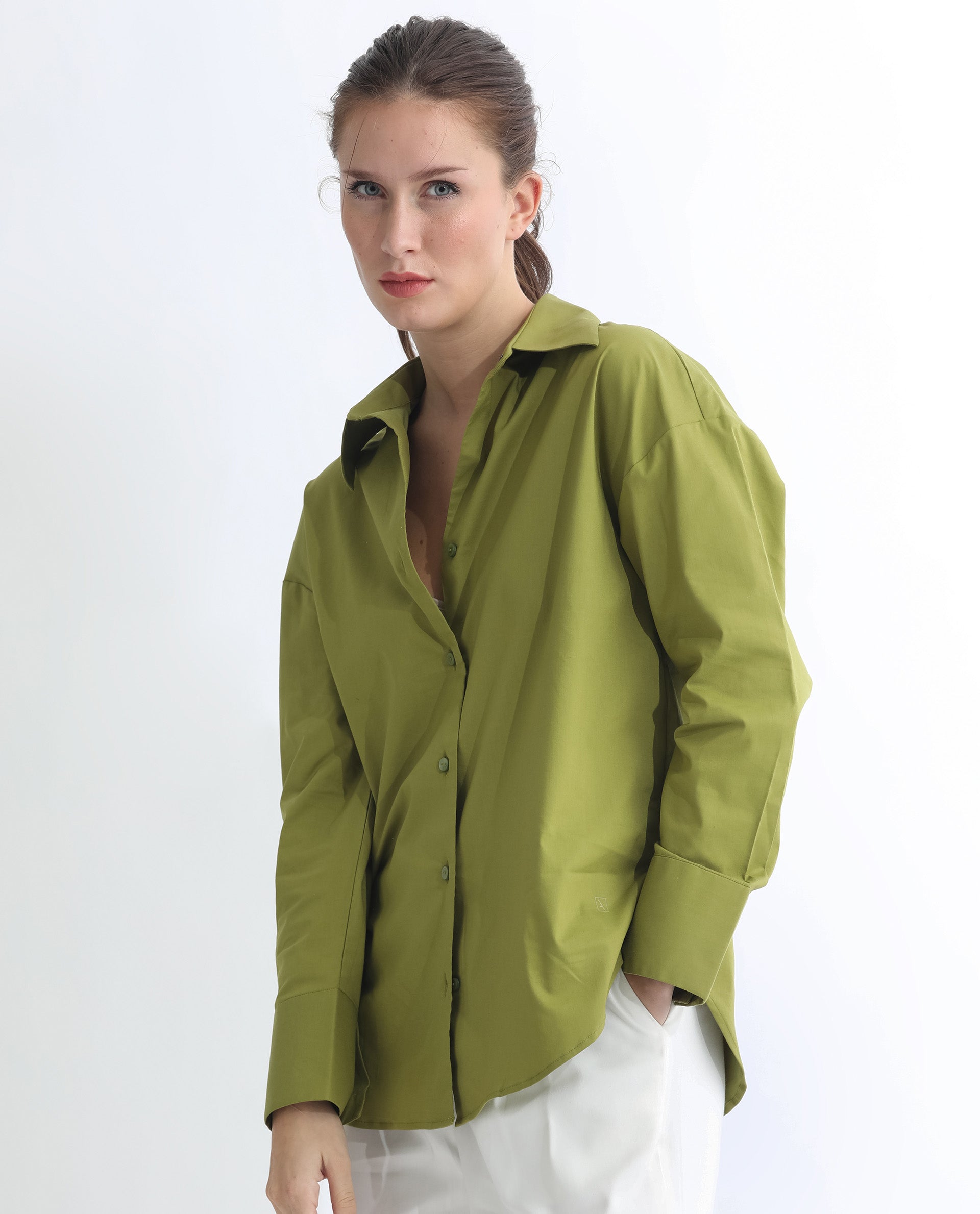 Rareism Women Klox Light Olive Cuffed Sleeve Shirt Collar Solid Shirt