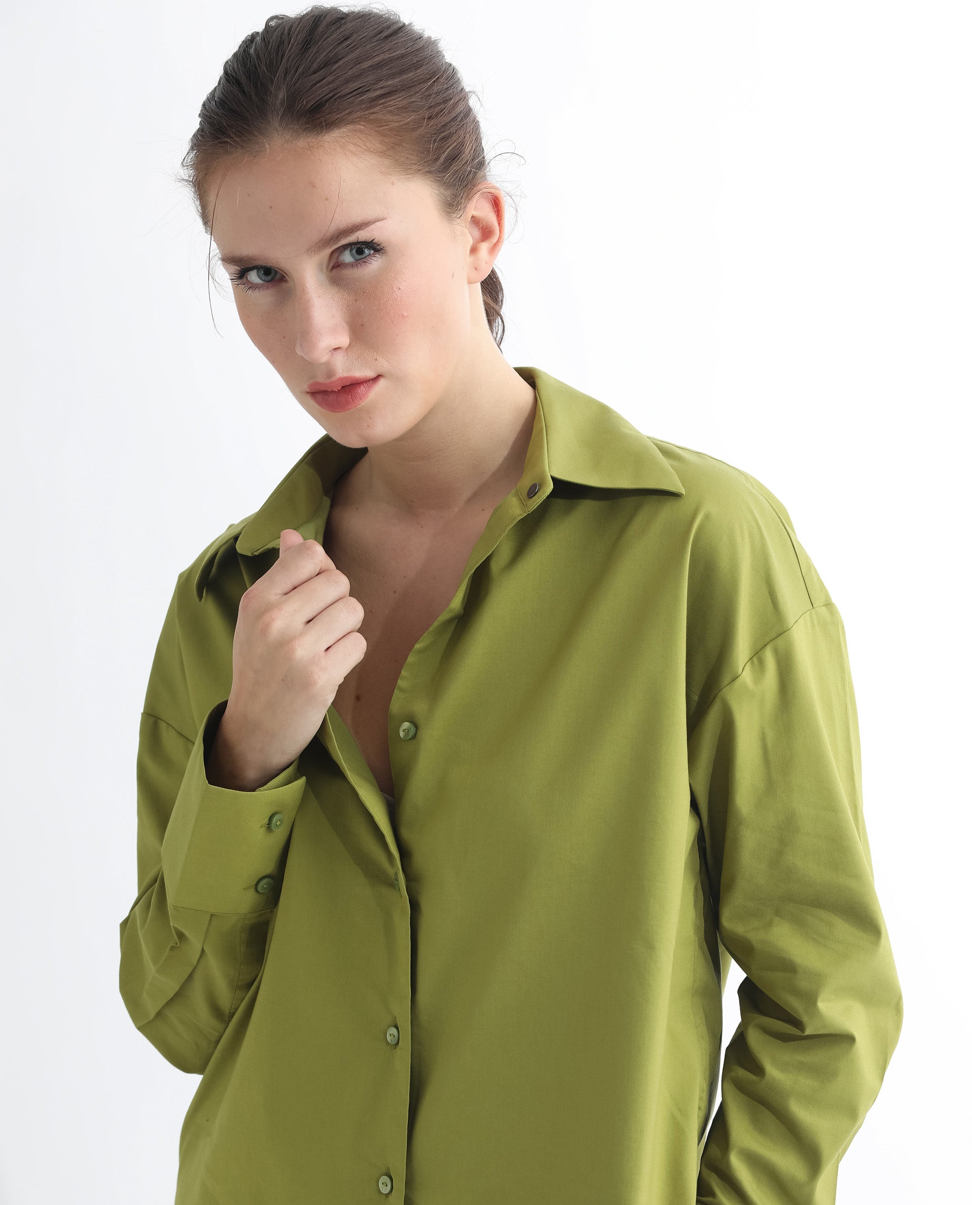 Rareism Women Klox Light Olive Cuffed Sleeve Shirt Collar Solid Shirt