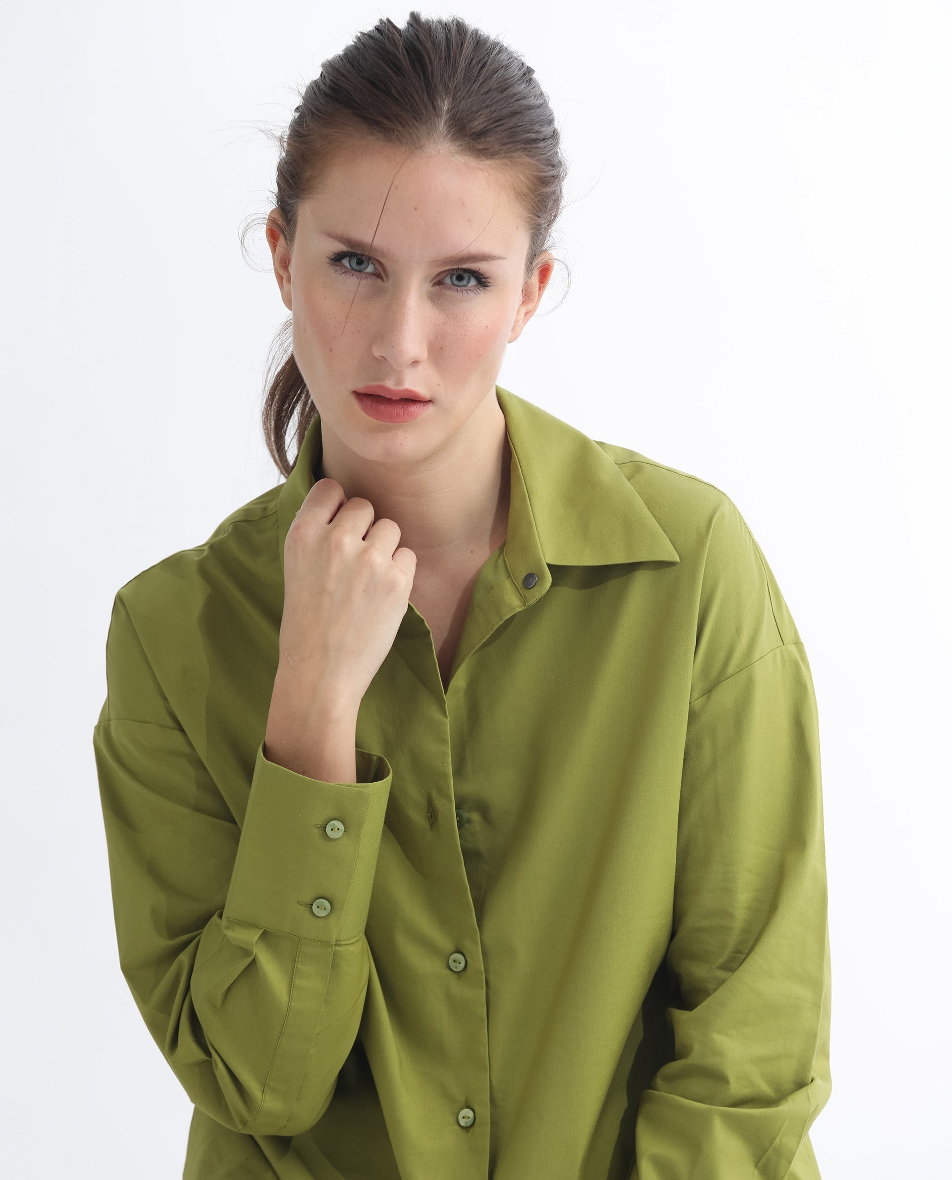Rareism Women Klox Light Olive Cuffed Sleeve Shirt Collar Solid Shirt