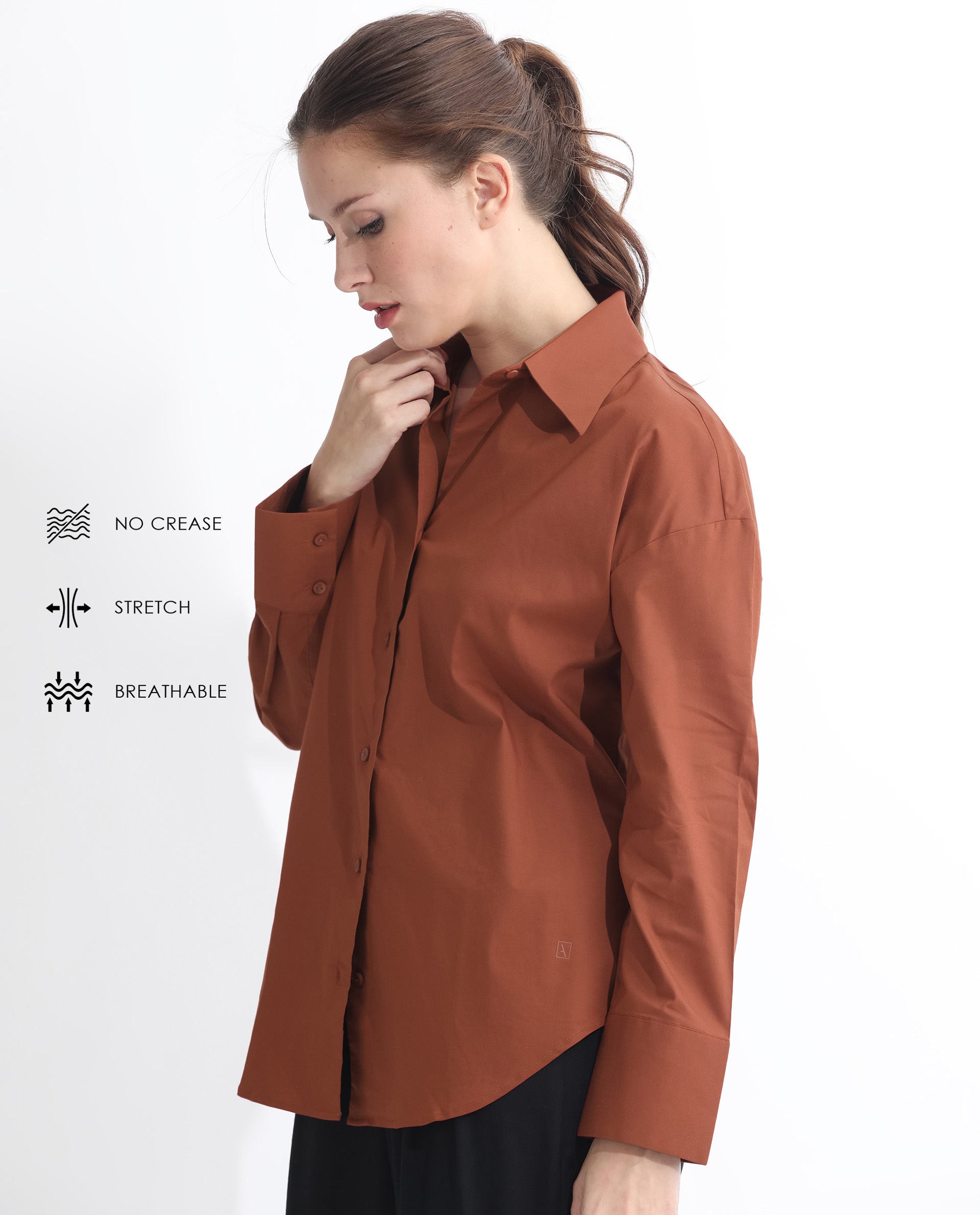 Rareism Women Klox Orange Cuffed Sleeve Shirt Collar Solid Shirt
