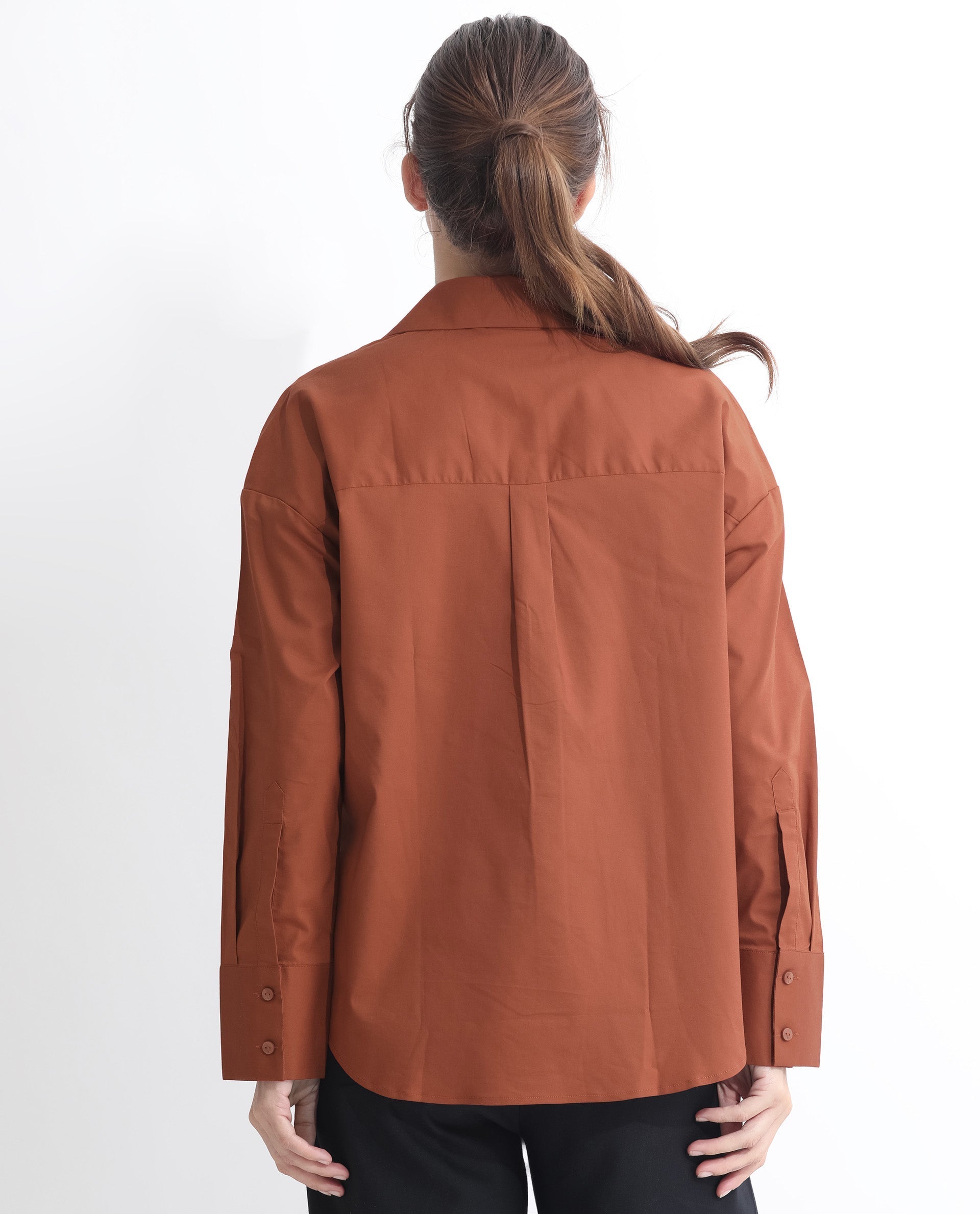 Rareism Women's Klox Orange Cotton Spread Collar Plain Cuffed Sleeve Regular Fit Shirt