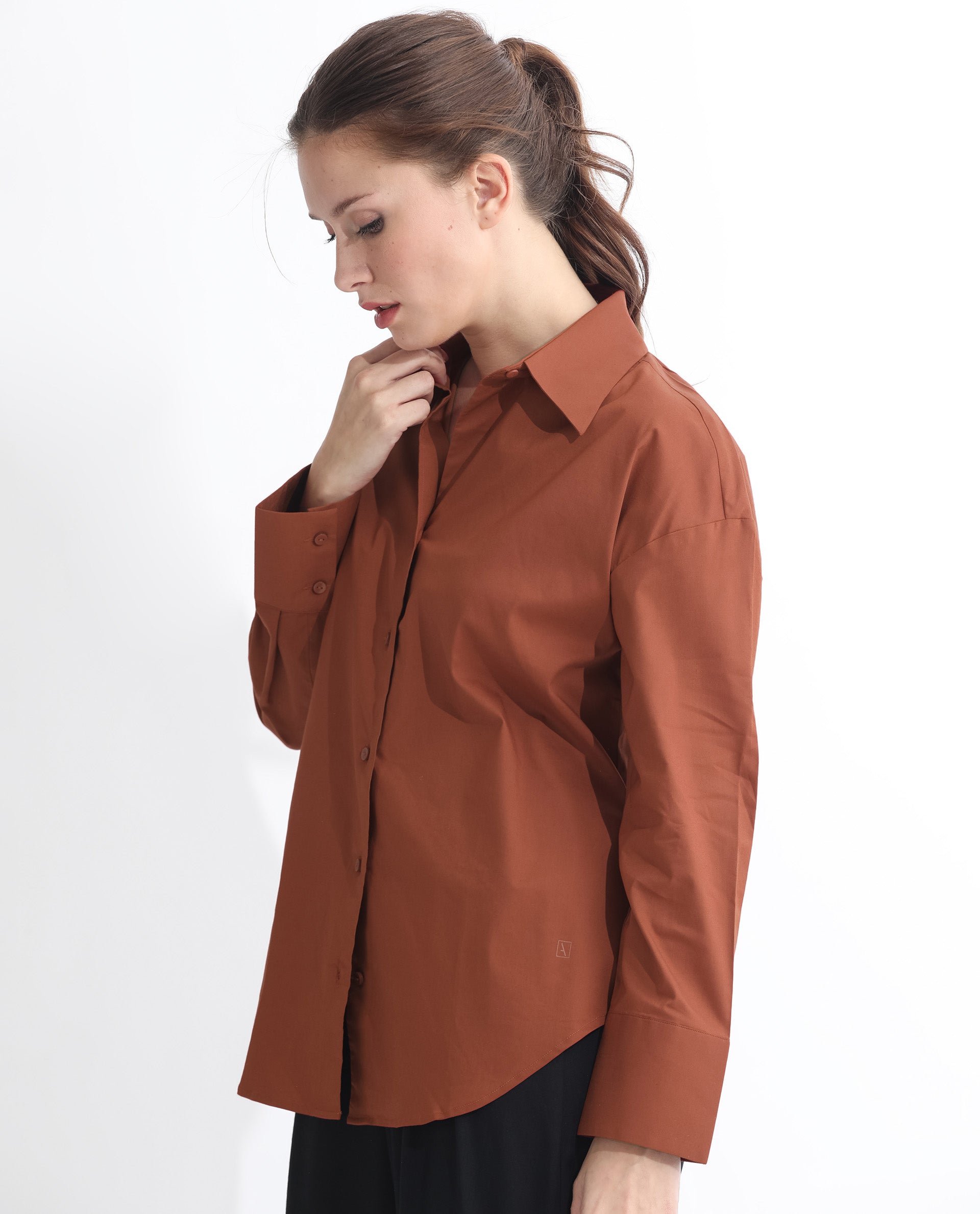 Rareism Women Klox Orange Cuffed Sleeve Shirt Collar Solid Shirt