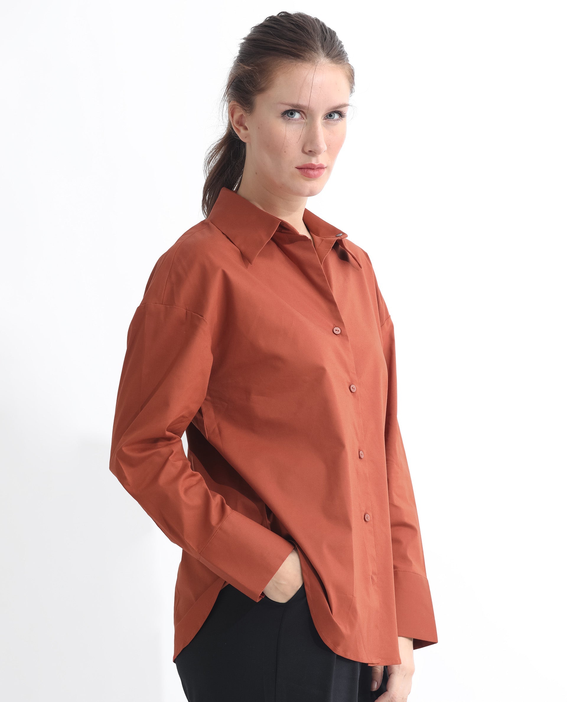 Rareism Women's Klox Orange Cotton Spread Collar Plain Cuffed Sleeve Regular Fit Shirt