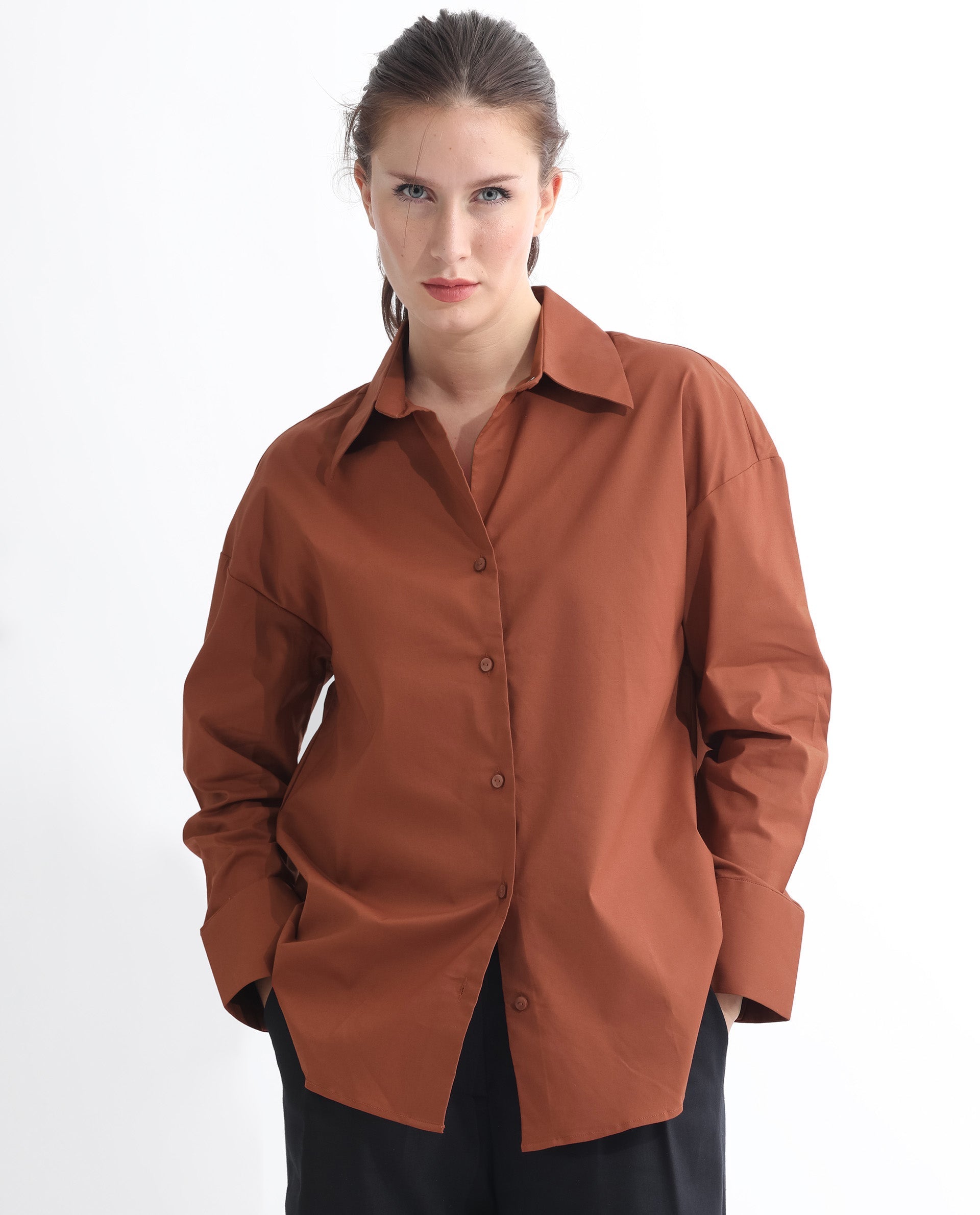 Rareism Women's Klox Orange Cotton Spread Collar Plain Cuffed Sleeve Regular Fit Shirt