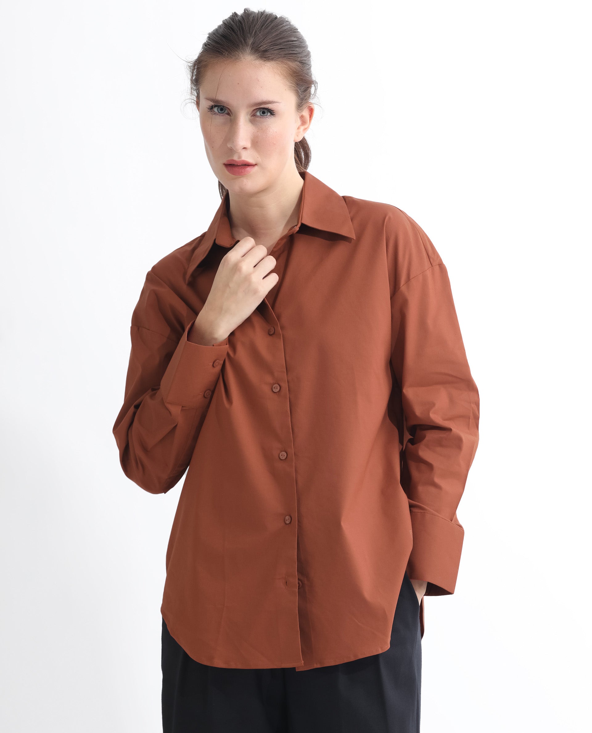 Rareism Women Klox Orange Cuffed Sleeve Shirt Collar Solid Shirt