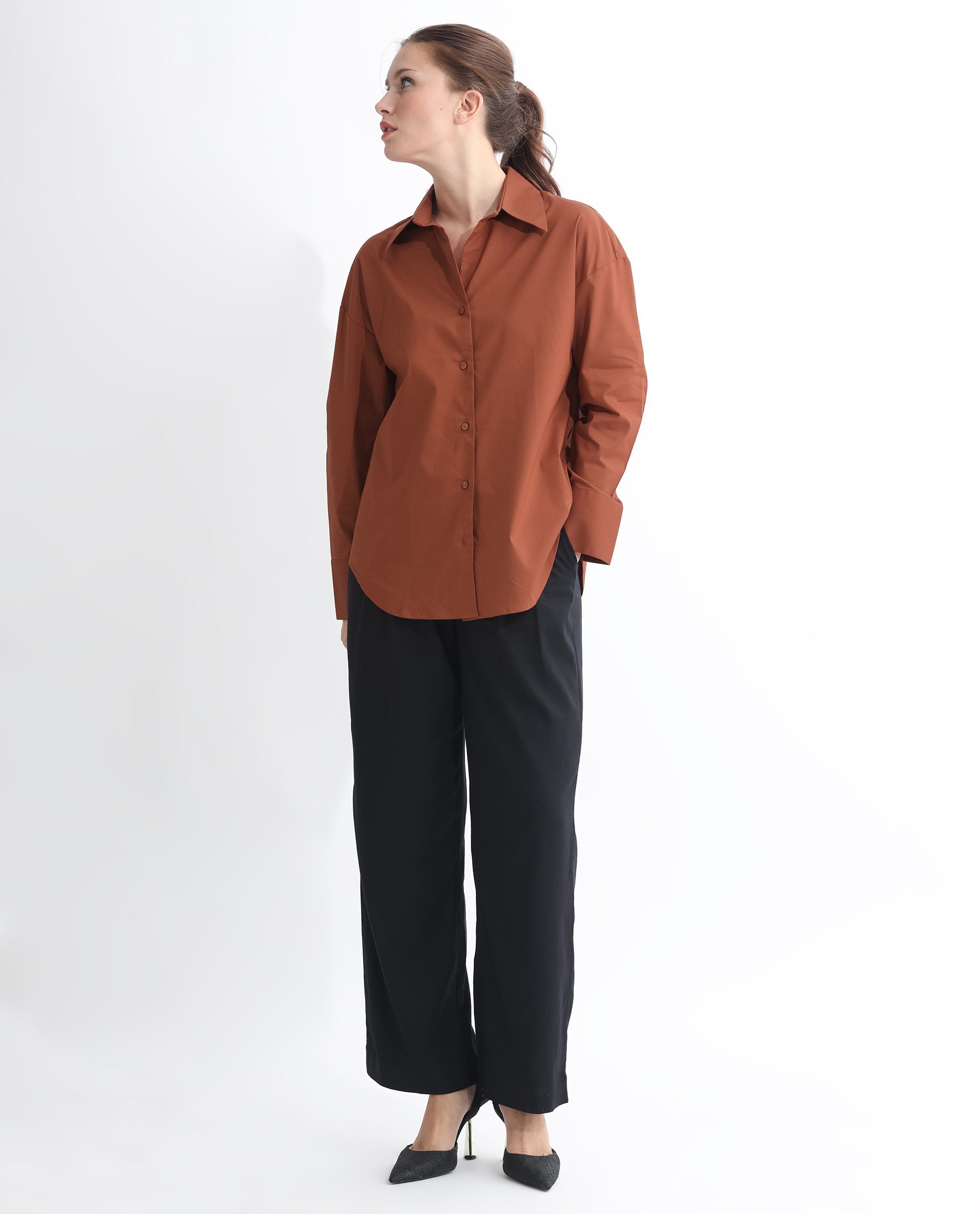 Rareism Women's Klox Orange Cotton Spread Collar Plain Cuffed Sleeve Regular Fit Shirt