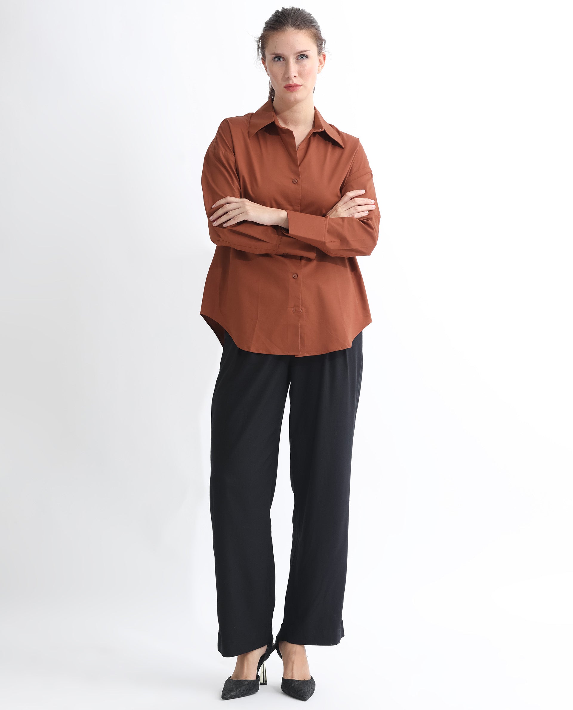 Rareism Women Klox Orange Cuffed Sleeve Shirt Collar Solid Shirt