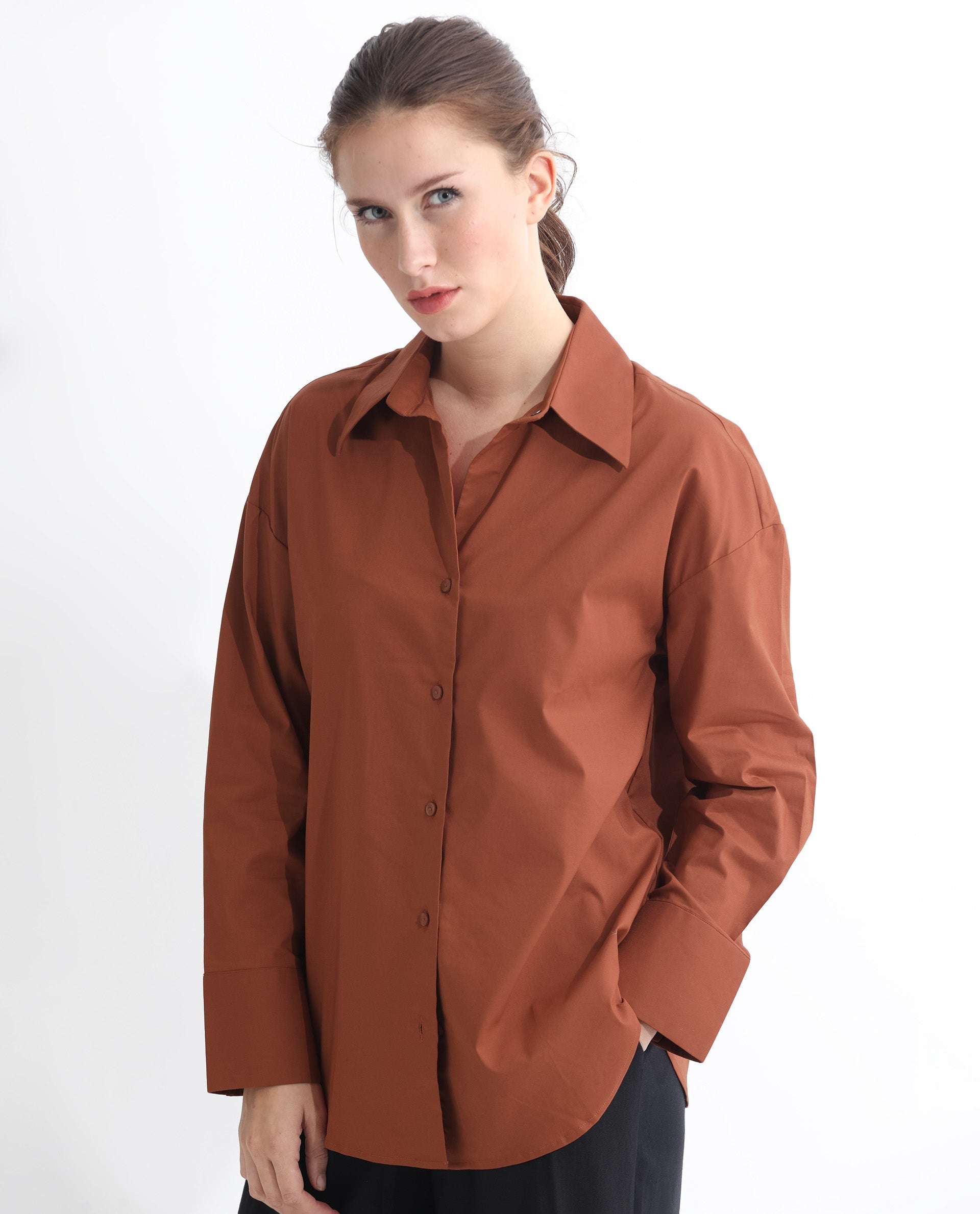 Rareism Women's Klox Orange Cotton Spread Collar Plain Cuffed Sleeve Regular Fit Shirt