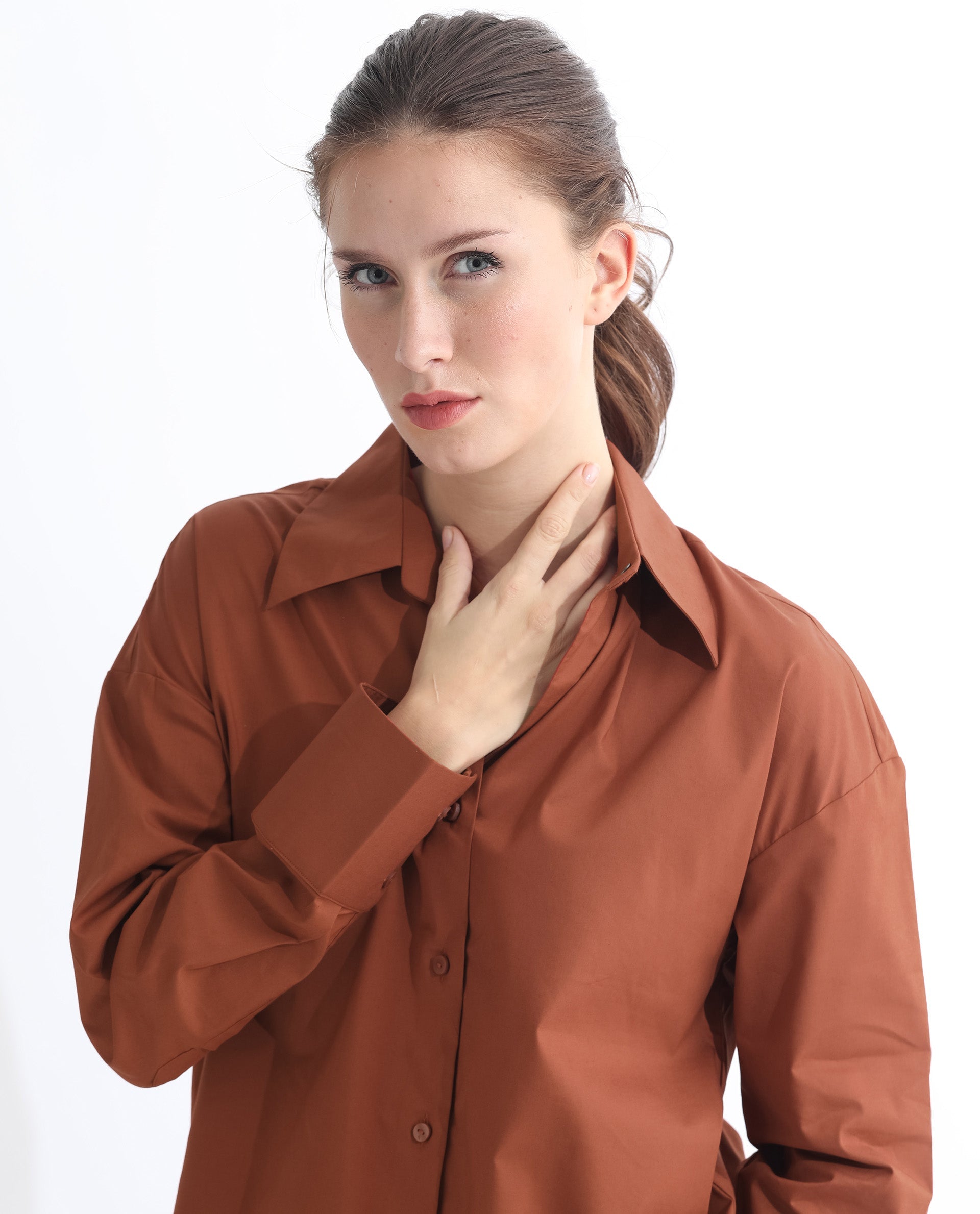 Rareism Women's Klox Orange Cotton Spread Collar Plain Cuffed Sleeve Regular Fit Shirt