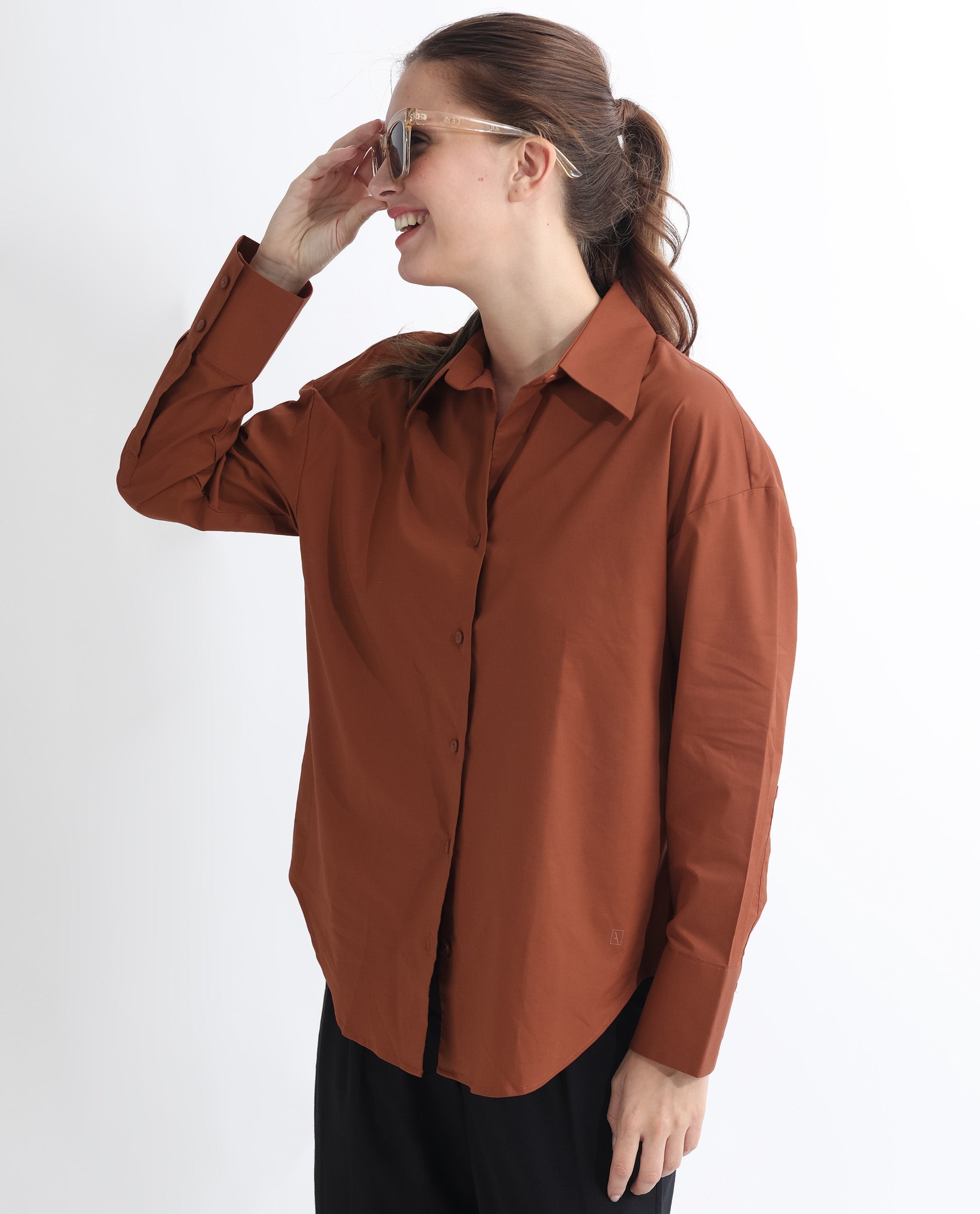 Rareism Women's Klox Orange Cotton Spread Collar Plain Cuffed Sleeve Regular Fit Shirt