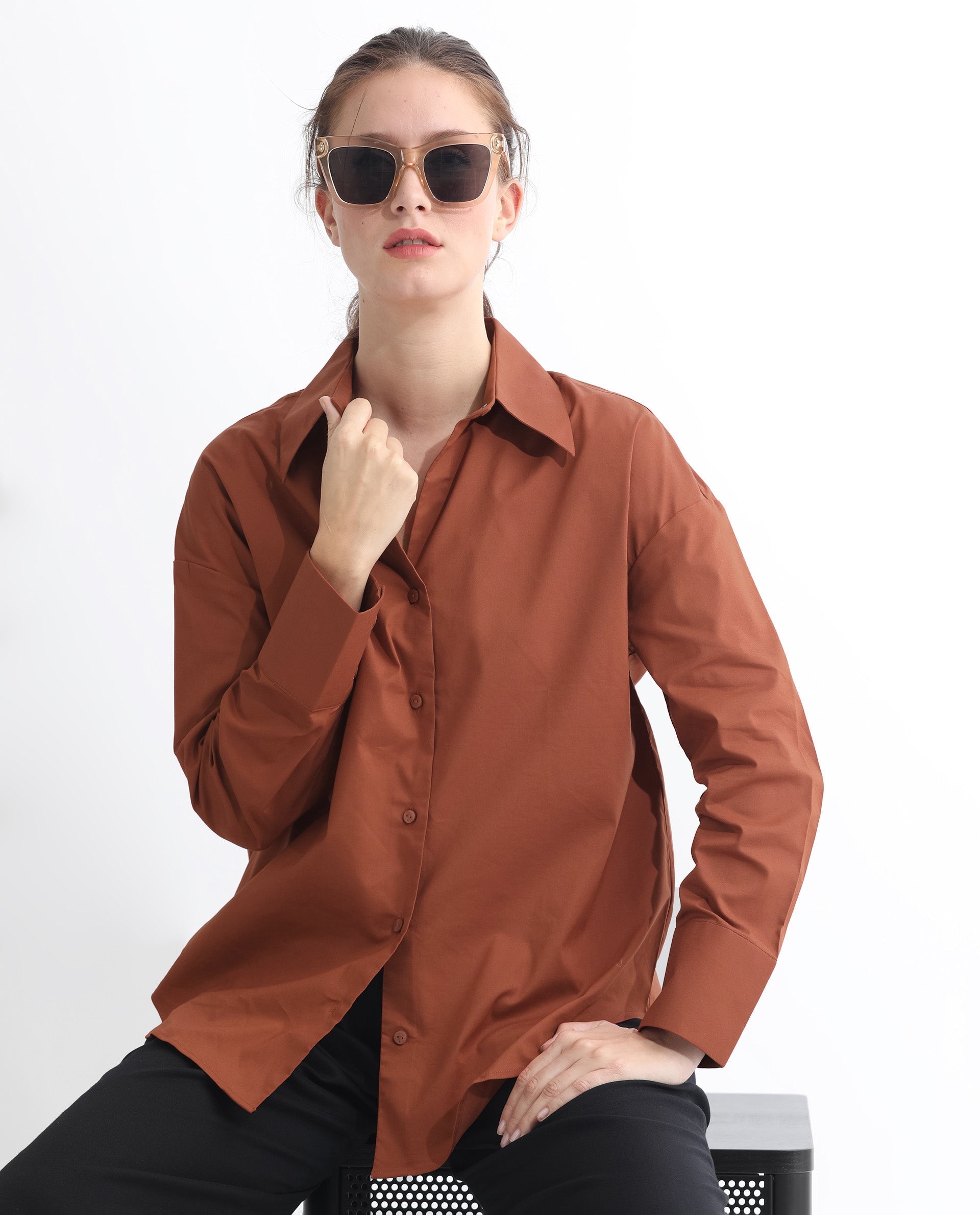 Rareism Women's Klox Orange Cotton Spread Collar Plain Cuffed Sleeve Regular Fit Shirt
