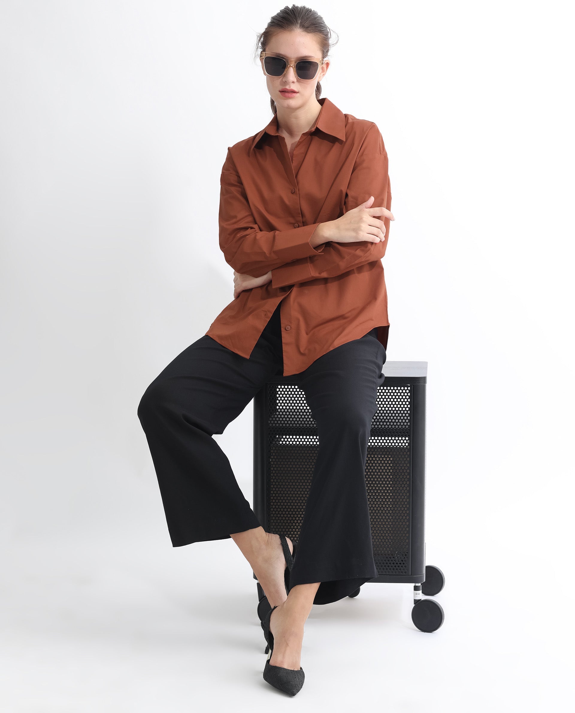 Rareism Women Klox Orange Cuffed Sleeve Shirt Collar Solid Shirt