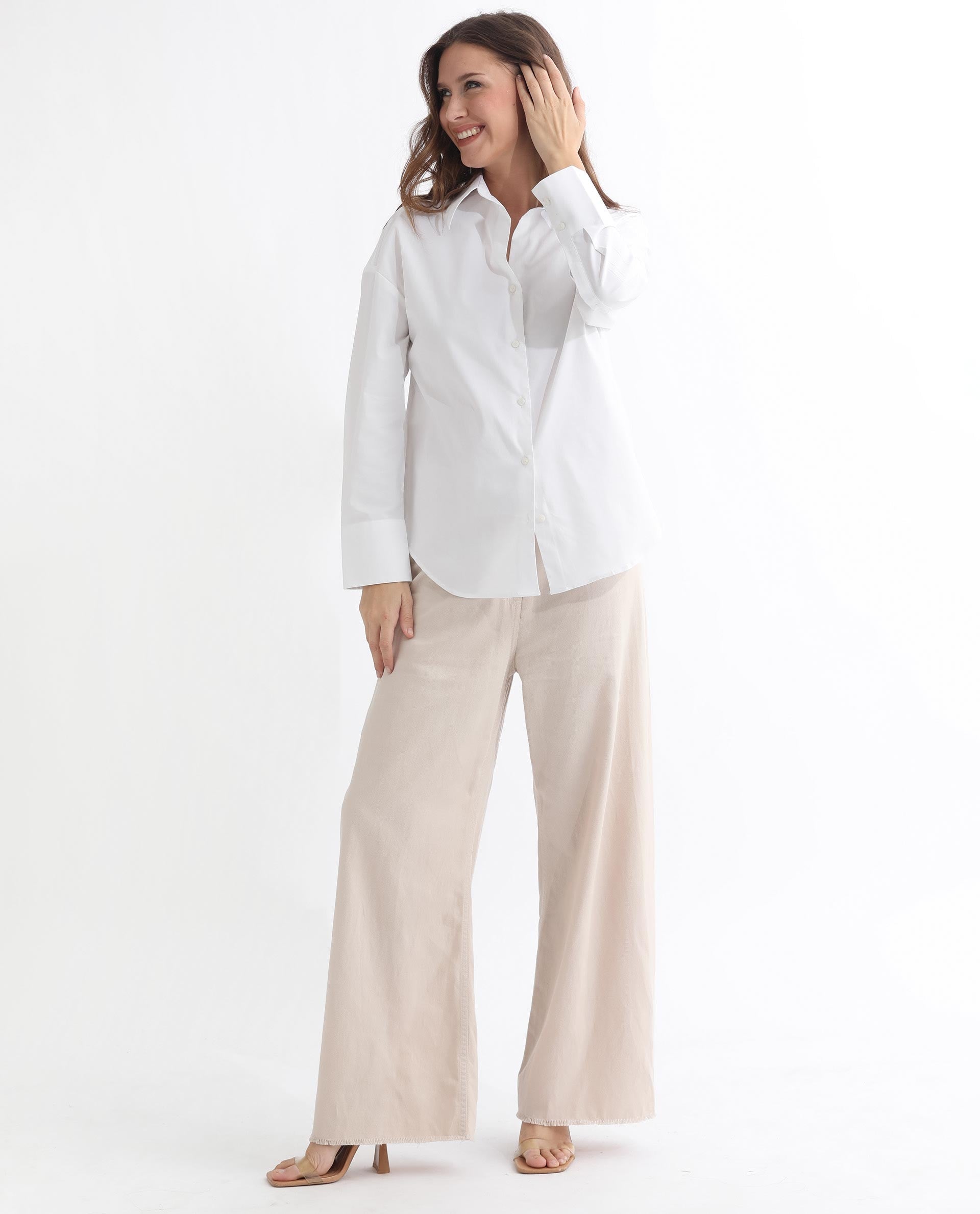 Rareism Articale Women Klox White Cotton Fabric Full Sleeves Button Closure Cuffed Sleeve Shirt Collar Regular Fit Plain Shirt