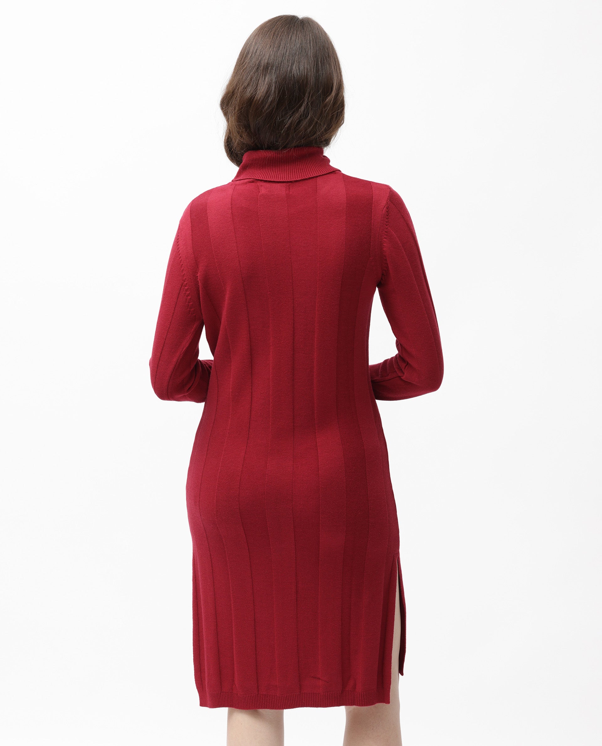 Rareism Women Knitka Red Full Sleeves Knee Length Regular Fit Striped Turtle Neck Sweater