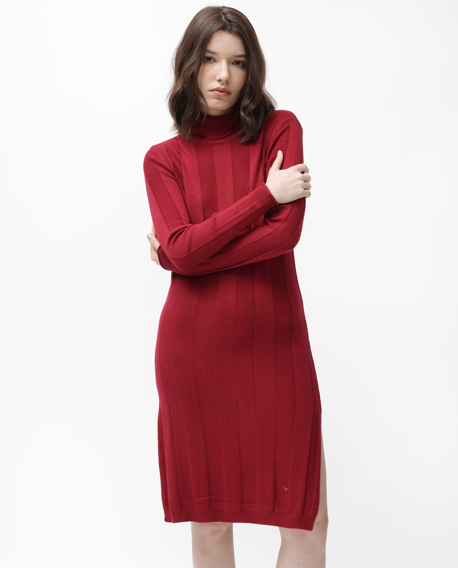 Rareism Women Knitka Red Full Sleeves Knee Length Regular Fit Striped Turtle Neck Sweater