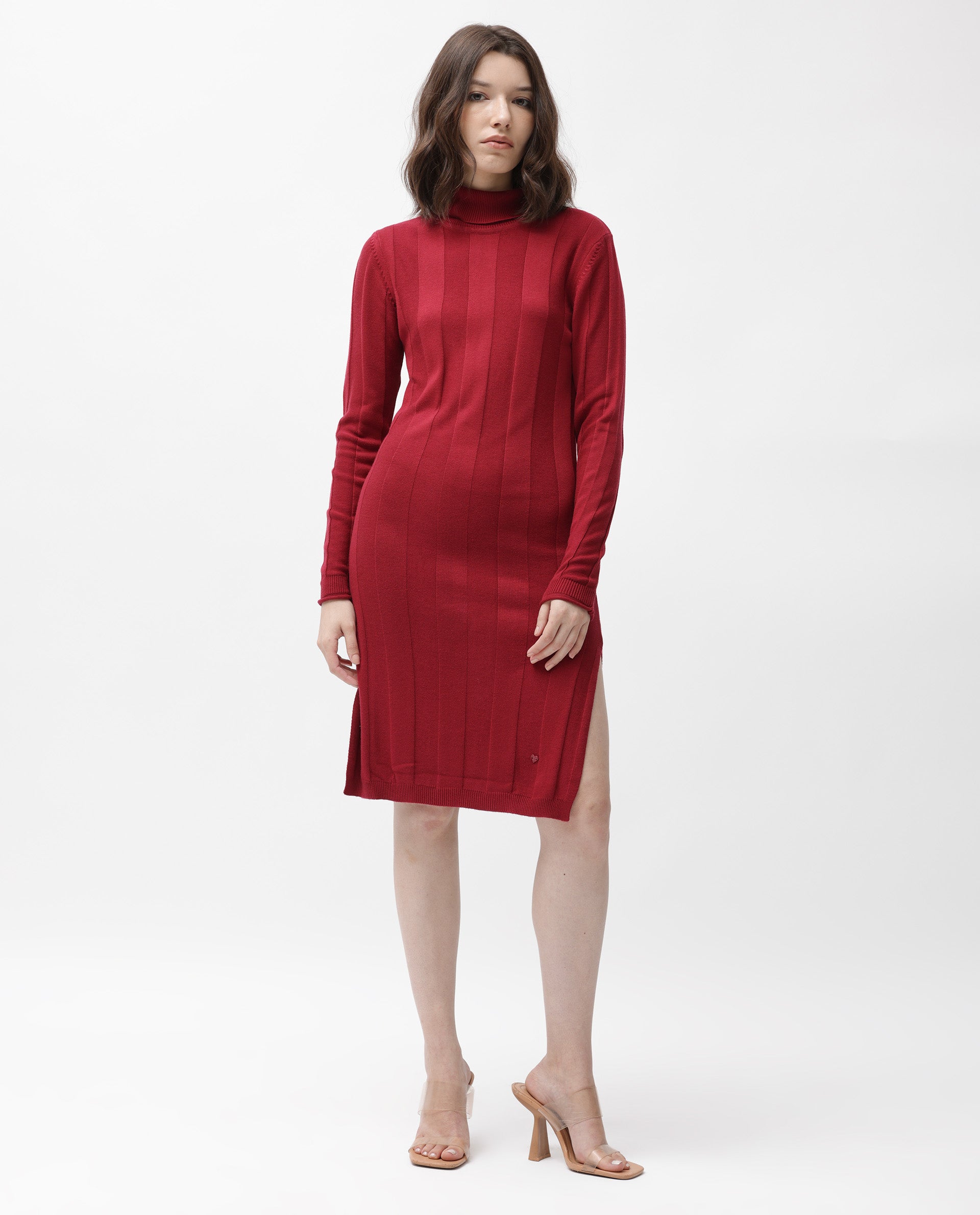 Rareism Women Knitka Red Full Sleeves Knee Length Regular Fit Striped Turtle Neck Sweater