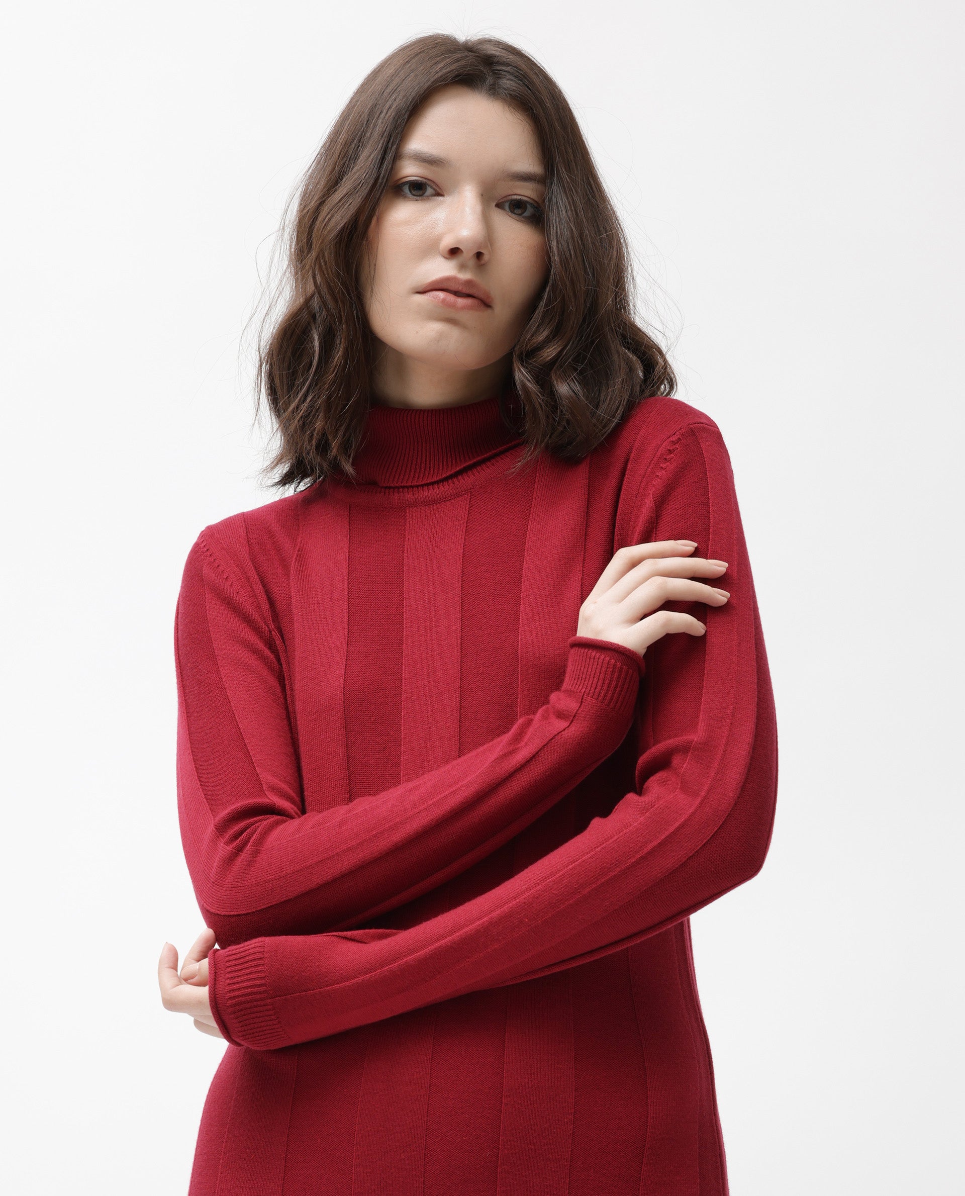 Rareism Women Knitka Red Full Sleeves Knee Length Regular Fit Striped Turtle Neck Sweater