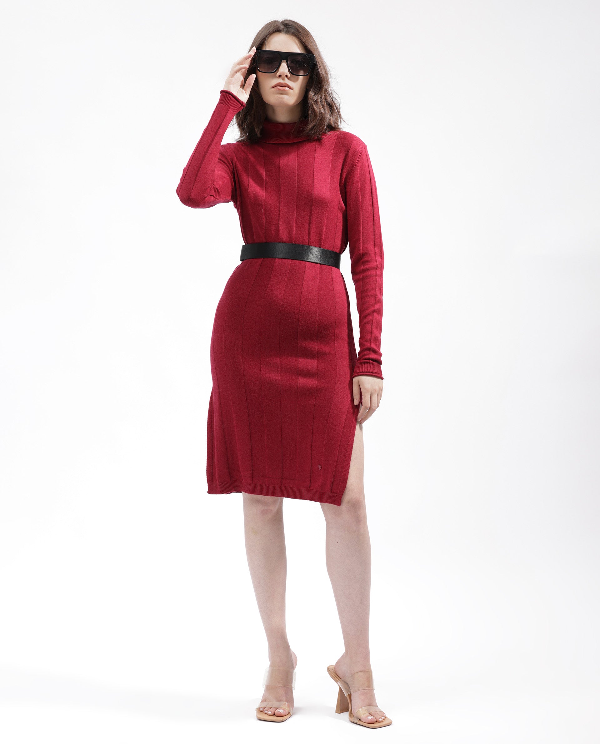 Rareism Women Knitka Red Full Sleeves Knee Length Regular Fit Striped Turtle Neck Sweater