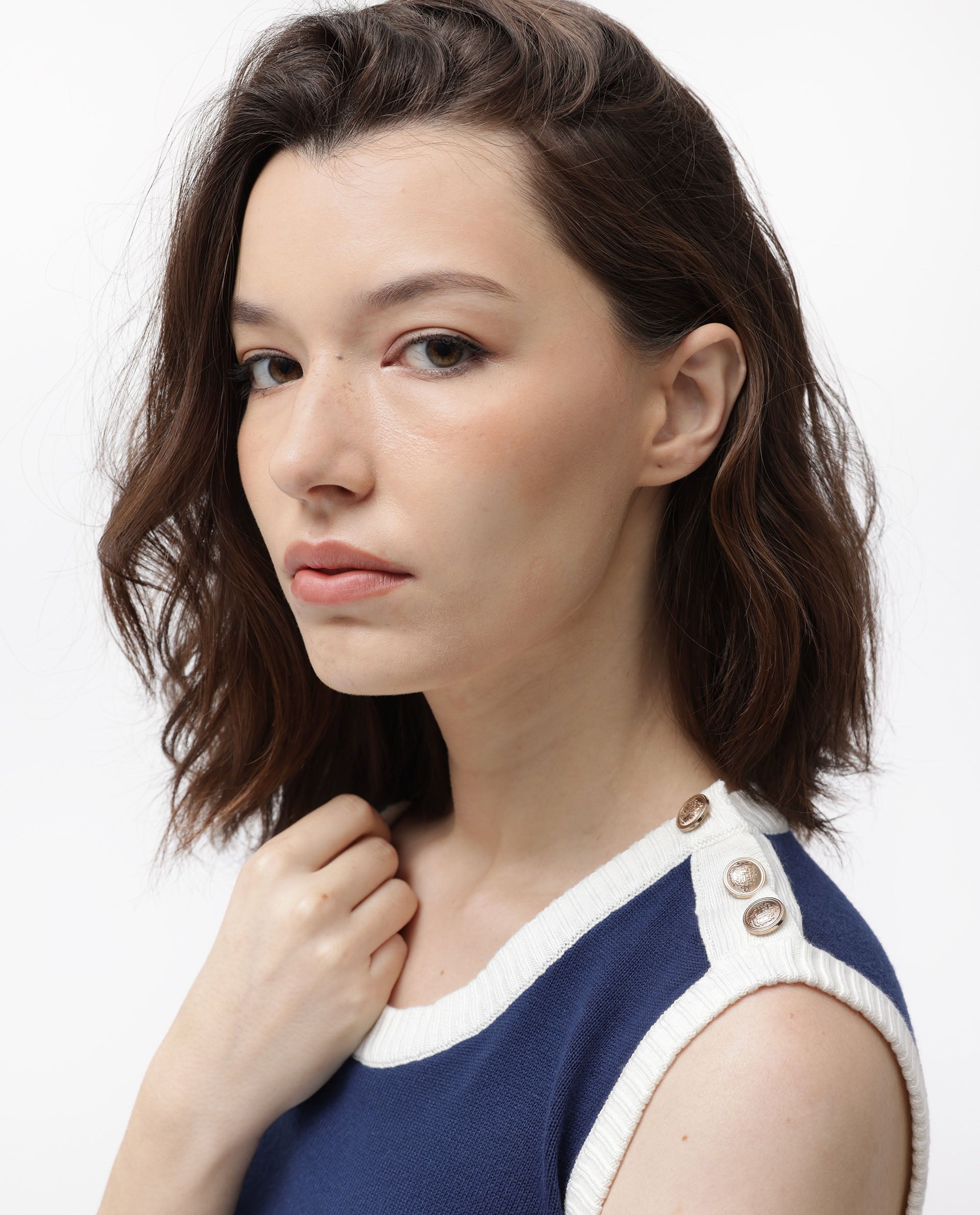 Rareism Women Knitso Navy Sleeveless Knee Length Regular Fit Solid Round Neck Sweater