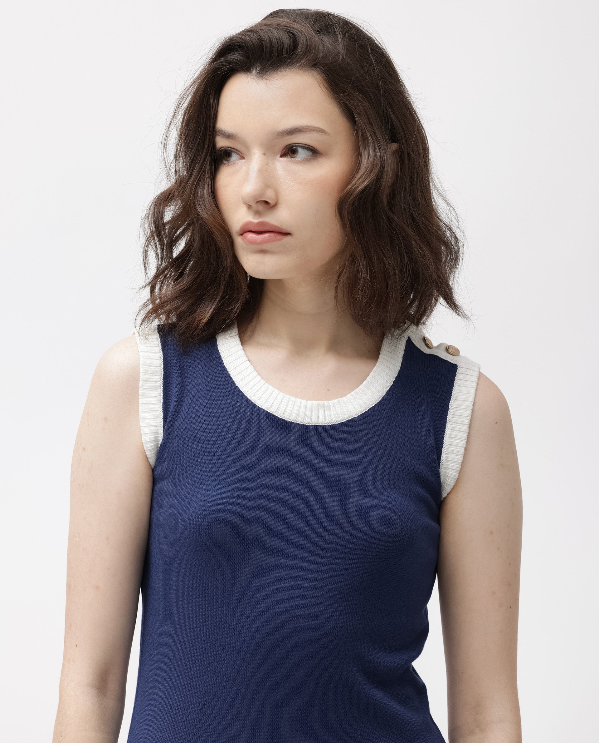 Rareism Women Knitso Navy Sleeveless Knee Length Regular Fit Solid Round Neck Sweater