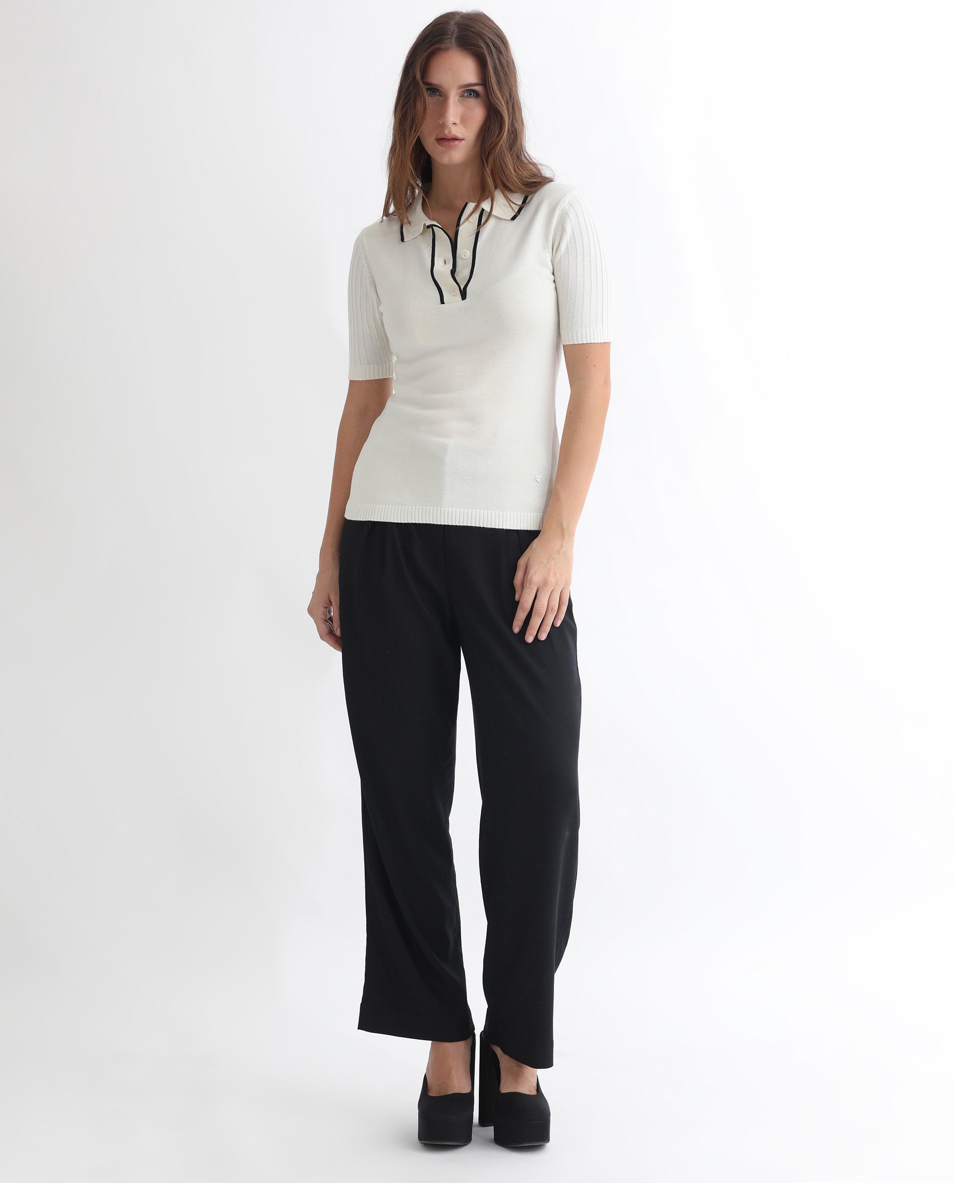 Rareism Women's Knitup Off White Cotton Spread Collar Plain Regular Fit Sweater