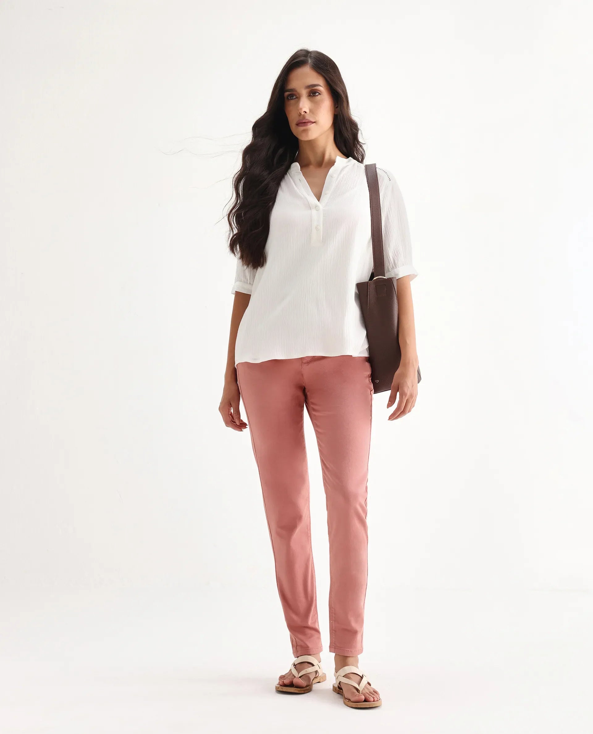 Rareism Women's Kocho Pink Cotton Blend Plain Ankle Length Slim Fit Jeans